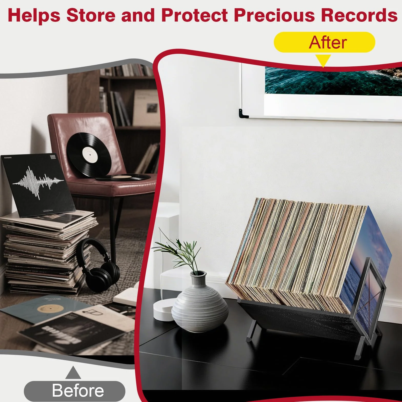 porta vinili per 100 dischi in vinile, porta cd da tavolo di legno, stile retrò organizzatore per la tua raccolta, nero