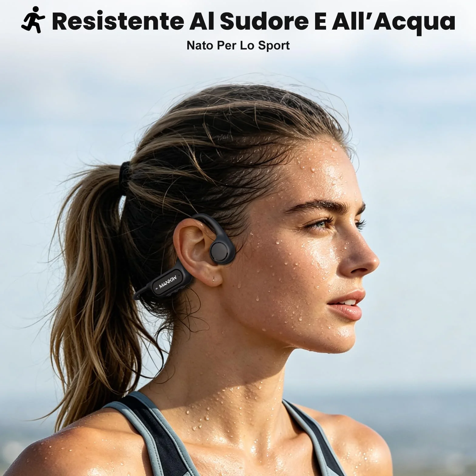 MANKIW Cuffie Nuoto Conduzione Ossea IP68, Auricolari Bluetooth 5.4 con 32GB MP3, Open Ear Impermeabili per Nuoto, Sport