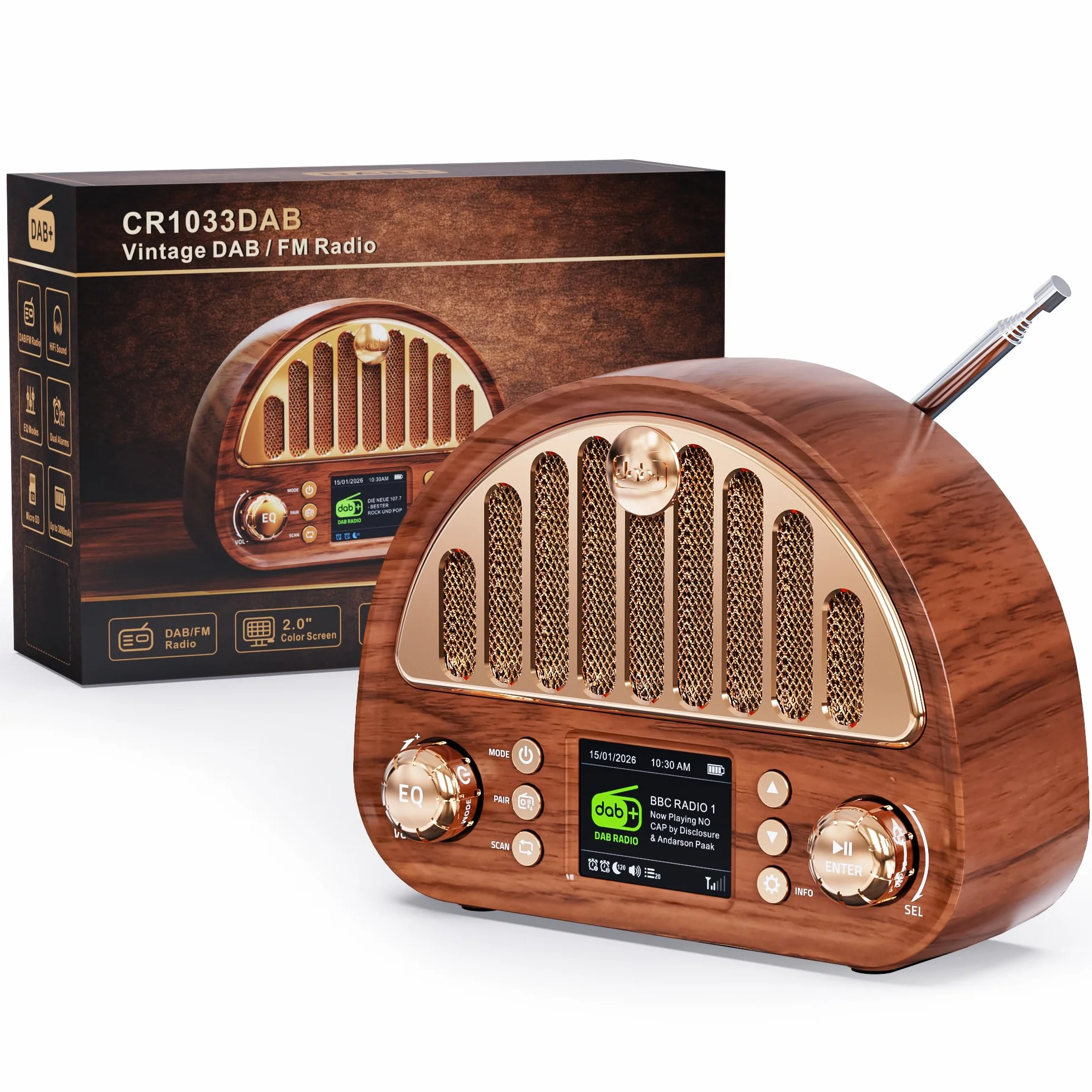 ROCAM Radio DAB+/FM Retrò Bluetooth 5.0 8 W 3000 mAh Display Colori RDS AUX IN MicroSD Sveglia Timer Sonno 80 Preset