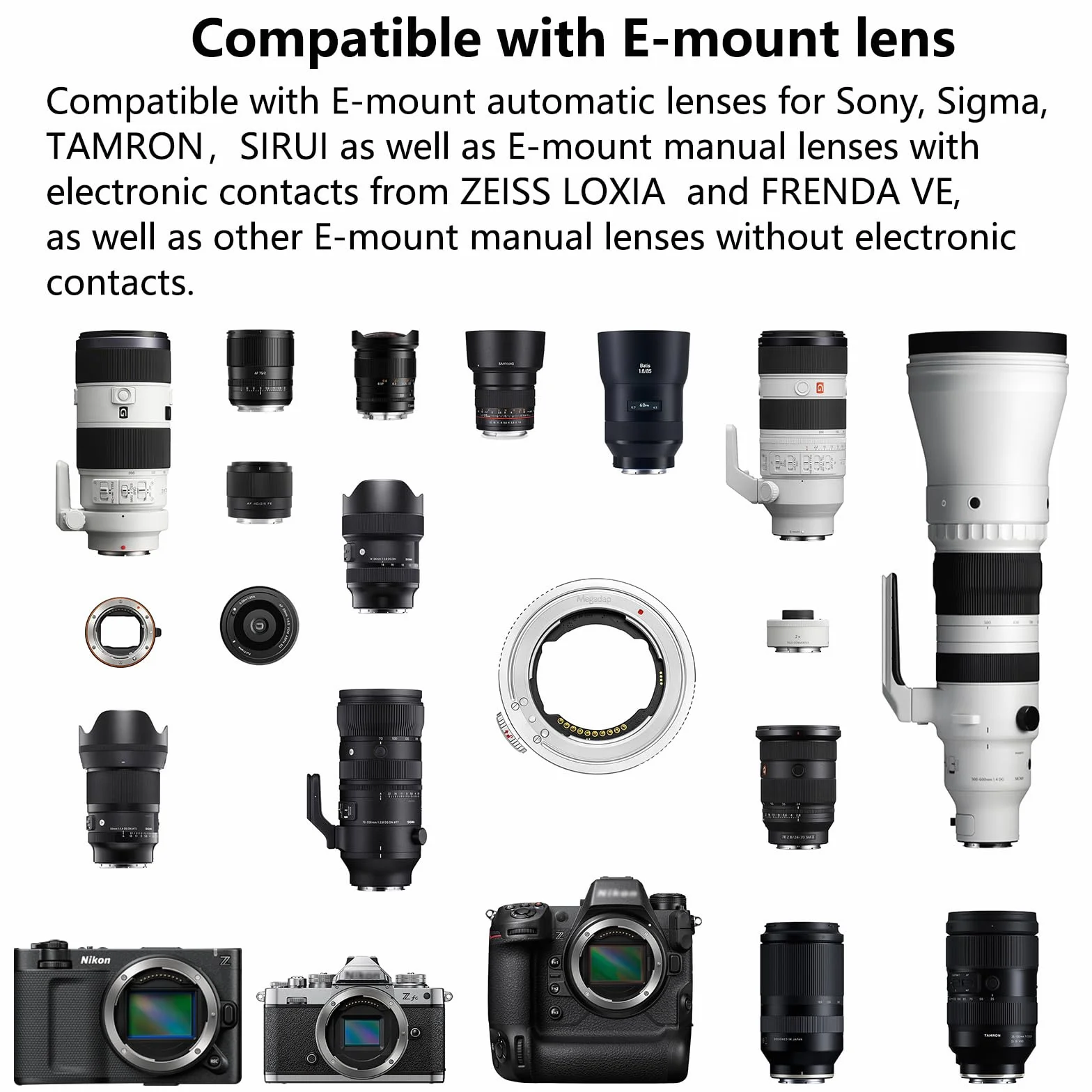 Megadap ETZ21 PRO+ - Adattatore per obiettivo con messa a fuoco automatica, apertura elettronica integrata, compatibile con fotocamera Nikon Z Zf Z9 Z8 Z7 Z6 Z7II Z6II Z5 Z50 ZFC per obiettivi Sony FE
