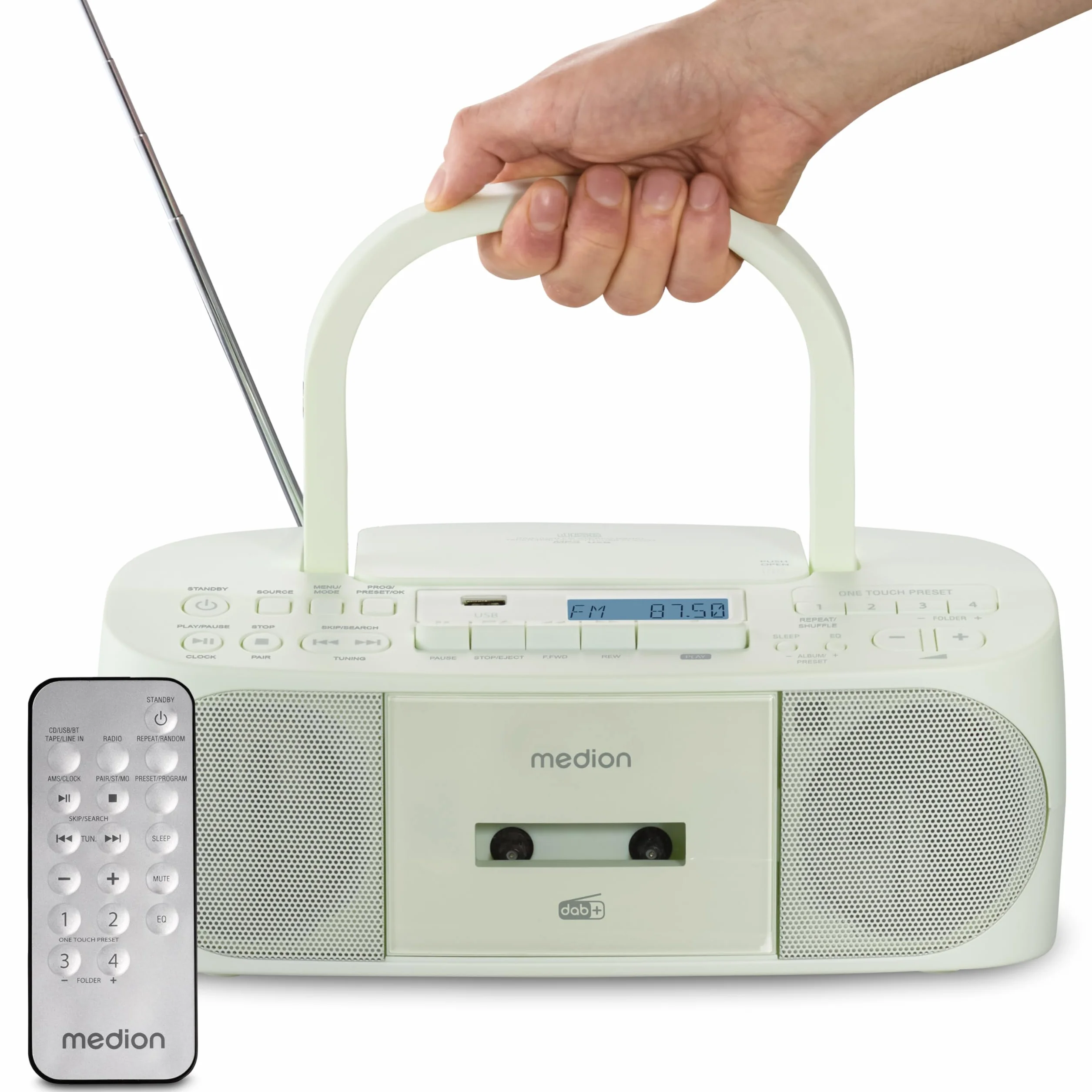 MEDION DRX-1 Plus Boombox (radio portatile DAB+ e FM, Bluetooth, lettore CD, MP3, cassetta, uscita cuffie, stereo, AUX, alimentazione rete & batteria) verde