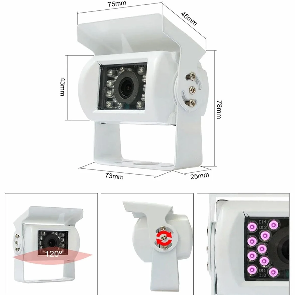 Telecamera di Retromarcia HD Bianca per Furgoni, Auto, Camion e Autobus, Visione Notturna IR 18 LED, Impermeabile, con Cavo AV 15M, 12V-24V, Sistema di Parcheggio Assistito