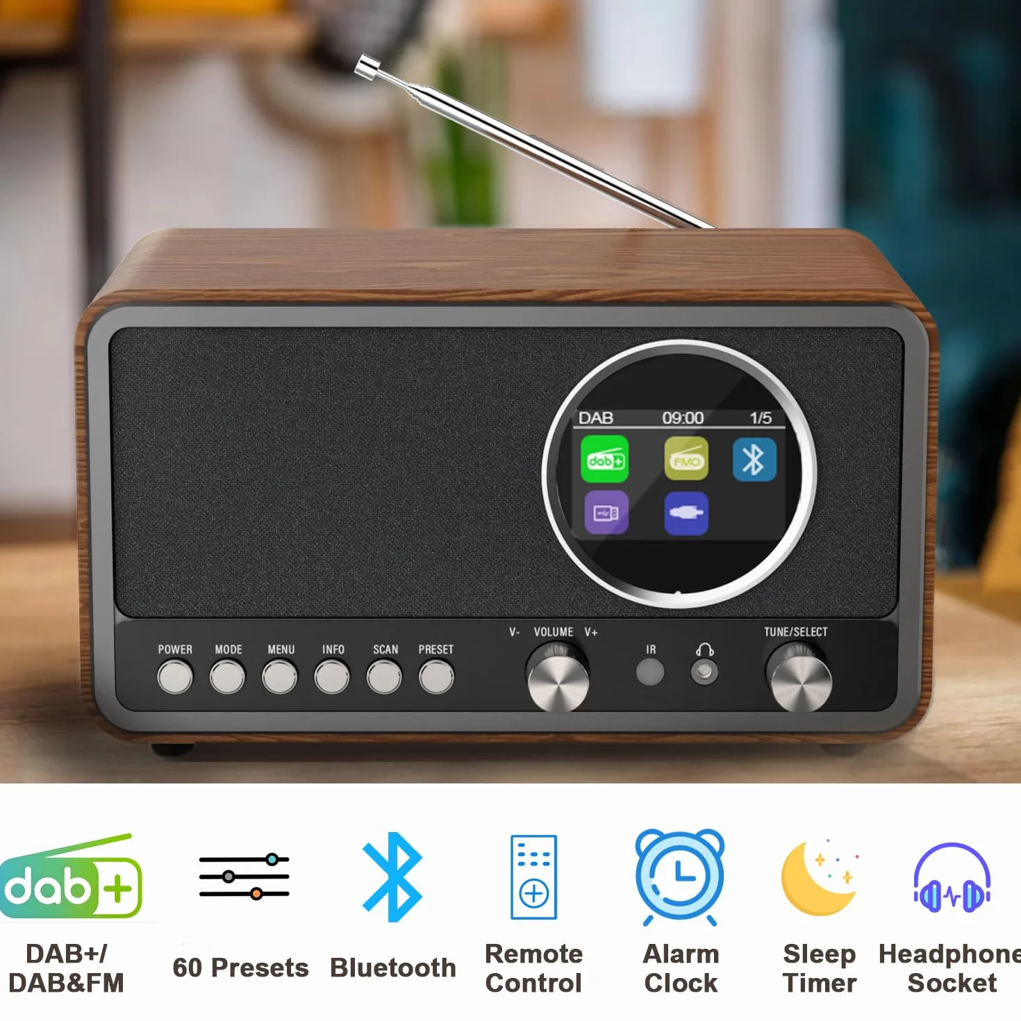 Radio portatile DAB+ FM Monodeal con 60 preset, sveglia e altoparlante HiFi 5W