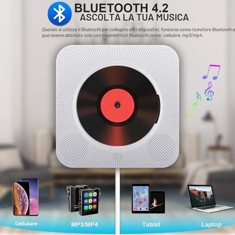 Lettore CD Portatile Bluetooth da Tavolo Montabile a Parete Altoparlanti Hifi Incorporati Boombox Audio Domestico con Telecomando (Bianco)