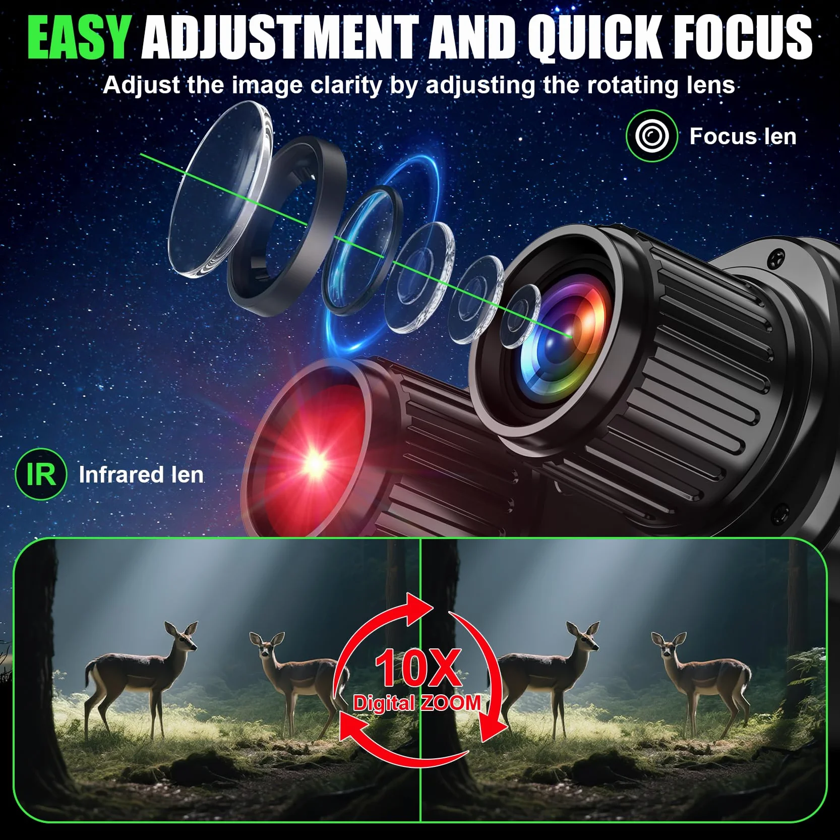 GlobalCrown Visore Notturno binocolo visione notturna,Binocolo infrarossi con zoom 10x e scheda 32GB per foto e video,Cannocchiale per l'osservazione della fauna selvatica,caccia e pesca notturna
