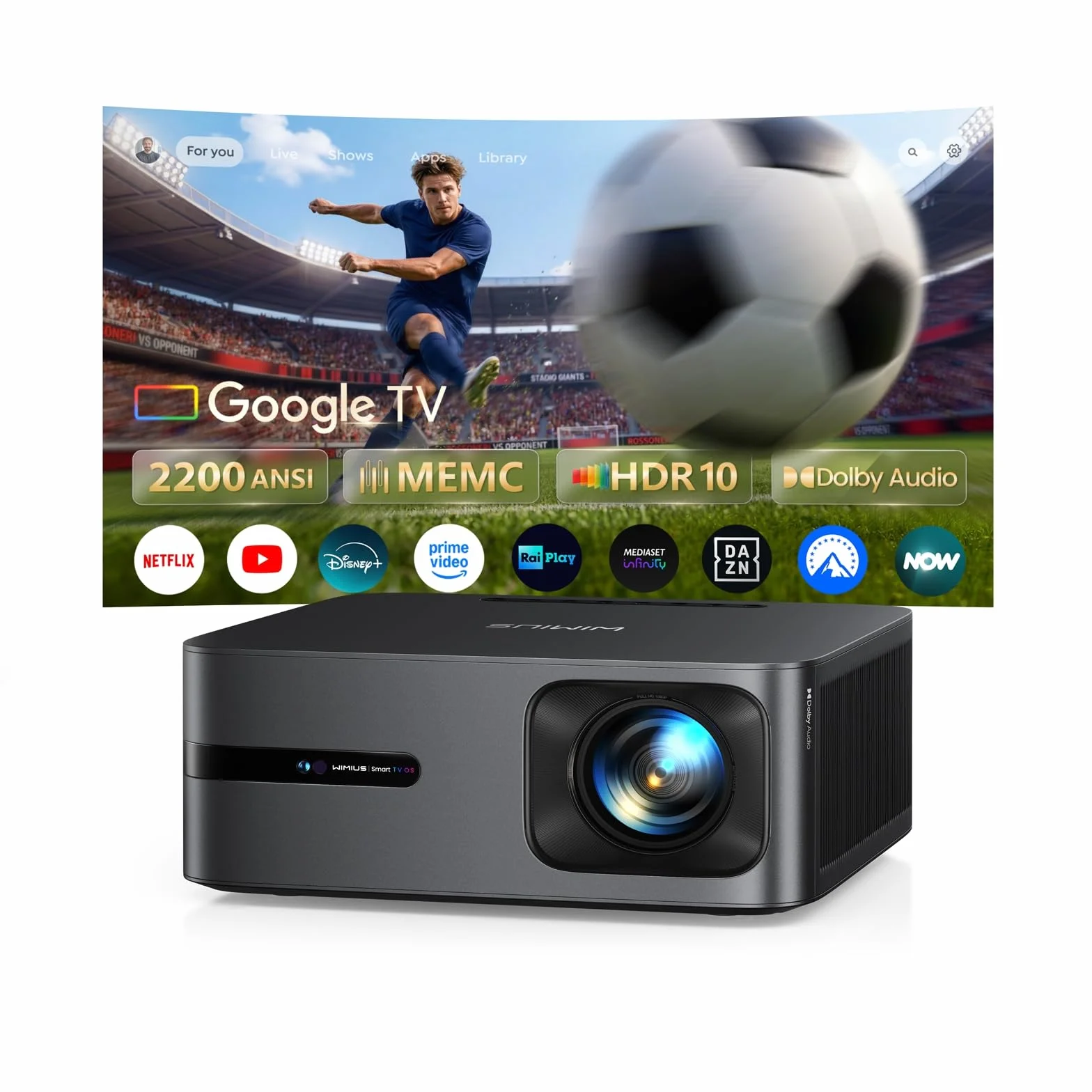 Wimius Proiettore 4K Smart TV 2+32GB Google TV 14.0 MEMC 2200 ANSI 44W Dolby AutoFocus 6D Keystone HDR10 Bluetooth WiFi