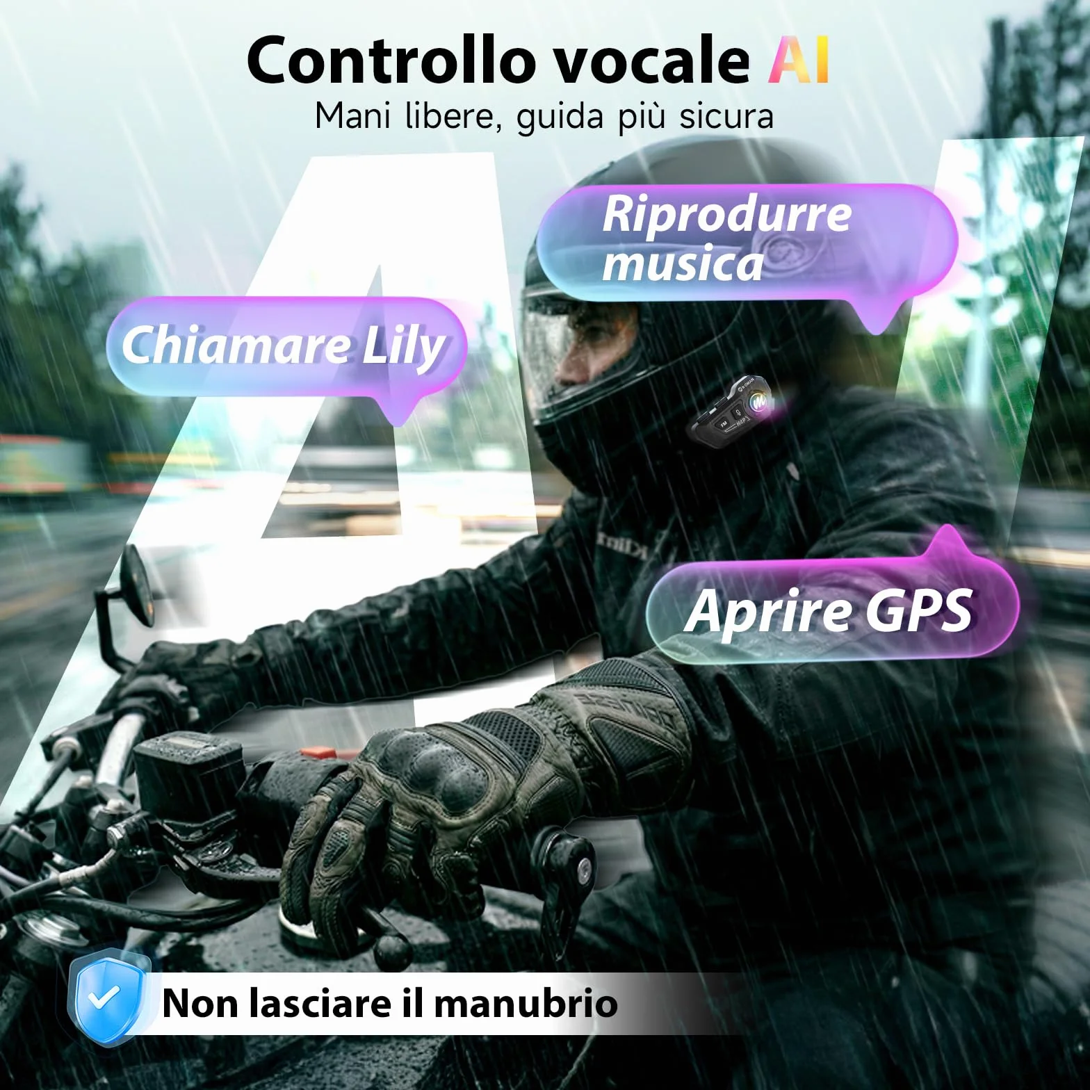 Moman Auricolare Casco Moto-1000mAh Batteria, RS-H4P Cuffie Casco Moto Doppia Riduzione del Rumore con Hi-Fi Microfono Morbida/Dura FM/RGB/IPX6/Controllo Musica/Vocale AI Auricolari Moto Per Singola