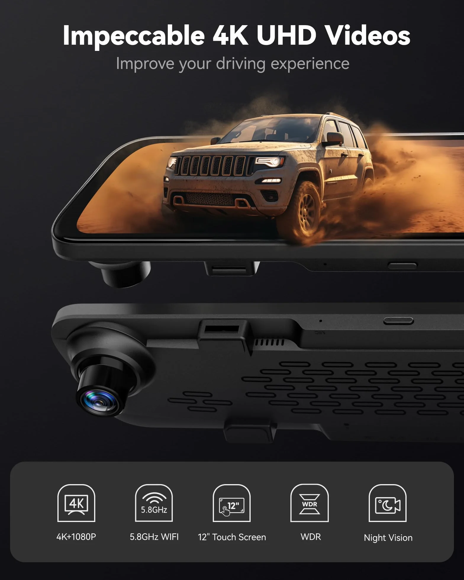 WOLFBOX 12" G840S 4K Dash Cam Specchietto con 5.8GHz WiFi, Dashcam Retrovisore Telecamera per Auto con Anteriore 170° e Posteriore 140°, Parcheggio Assistito, Sensore G(Con Scheda da 32 GB & GPS)