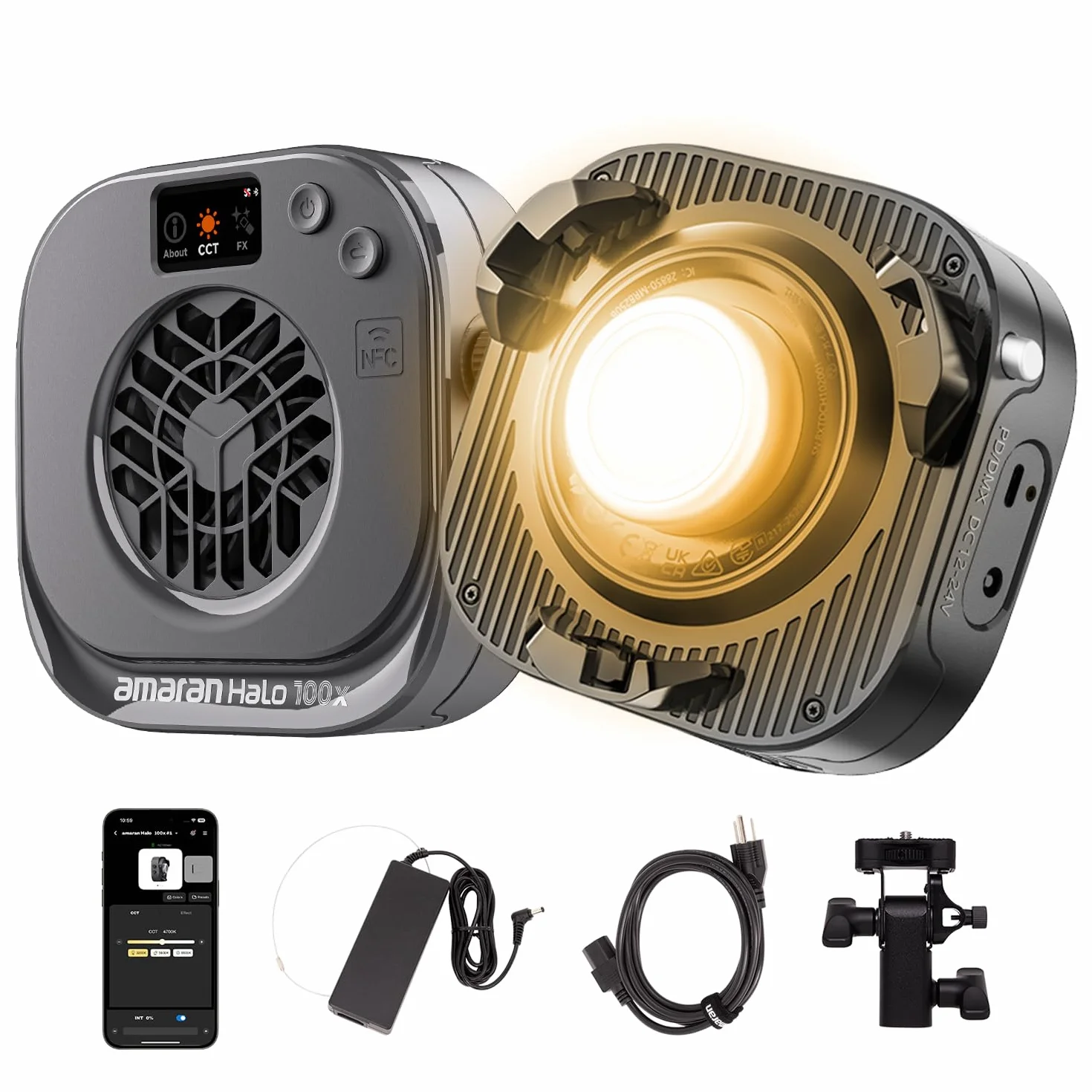 amaran Halo 100x 100W Luce LED COB Bi-Color, 4.890 Lux a 1m, Ultra Compatta, Attacco Bowens, USB-C PD e Alimentatore DC, CRI 96+, TLCI 97+, Controllo DMX e App