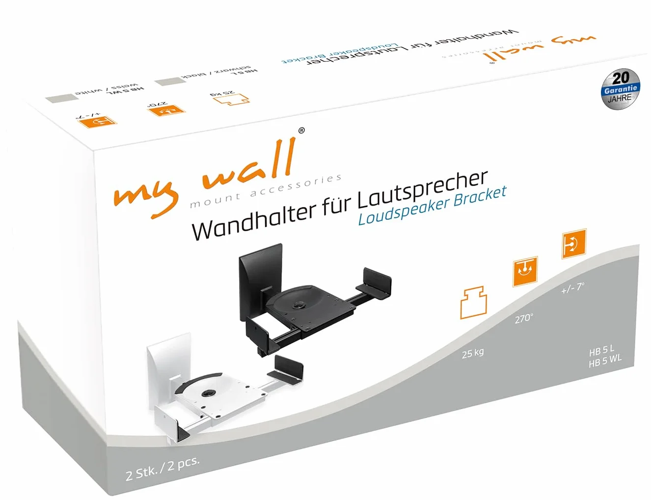 mywall HB5L HB 5L Staffa da parete per altoparlante inclinabile regolabile+girevole senza attrezzi 25kg Nero 1 paio