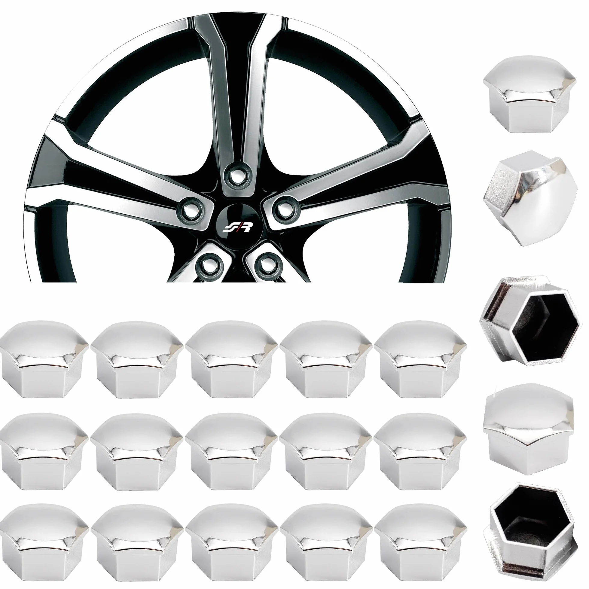 Simoni Racing CBC/17 Copribulloni Universali, Set Tappi Copribulloni Ruote Auto,Copridadi Ruota per Auto,Tappi Dadi Ruota Cerchione, Chiave 17 in ABS Cromo