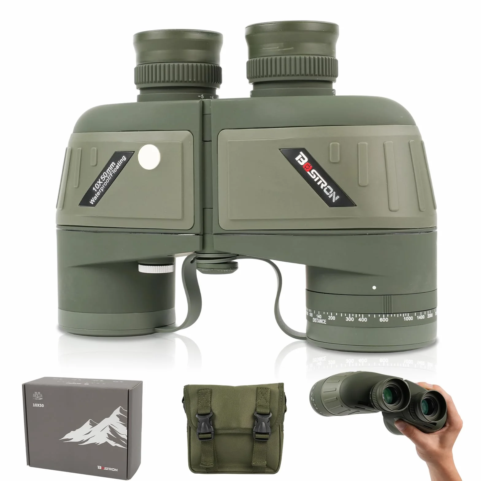 Binocolo Marino 10x50 per Adulti, Impermeabile IPX7 | Prisma BAK4 Lenti FMC, Binocolo Militare Professionale con Telemetro per la Navigazione Birdwatching Caccia - Green