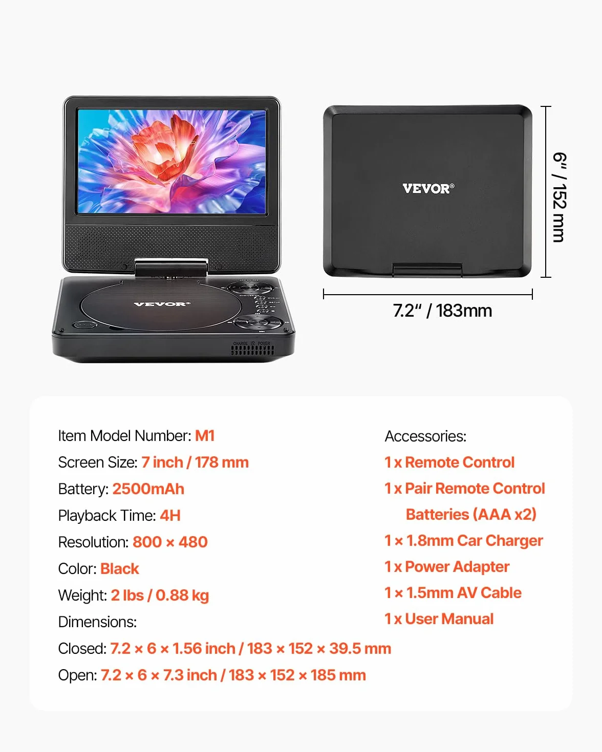 VEVOR Lettore DVD Portatile, Schermo HD Girevole da 7 pollici, Batteria Ricaricabile Integrata con Durata di 4 Ore, Altoparlante Doppio, Supporto Sincronizzazione TV/USB/Scheda SD/CD/DVD