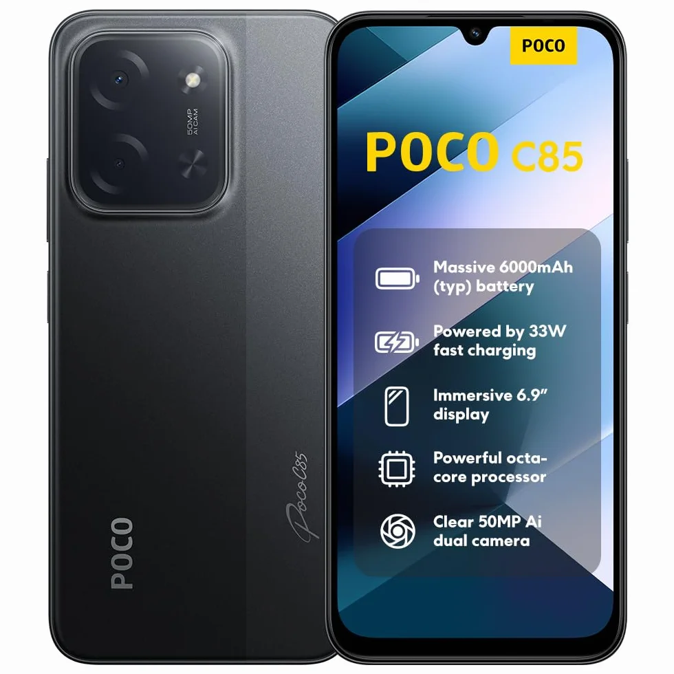 XIAOMI POCO C85, Smartphone 6+128GB, Display 6,9" 120Hz 7,99mm Design, MediaTek Helio G81-Ultra Octa-core, Doppia fotocamera AI da 50MP, 6000mAh, garanzia di 2 anni, Nero, Caricabatteria non incluso