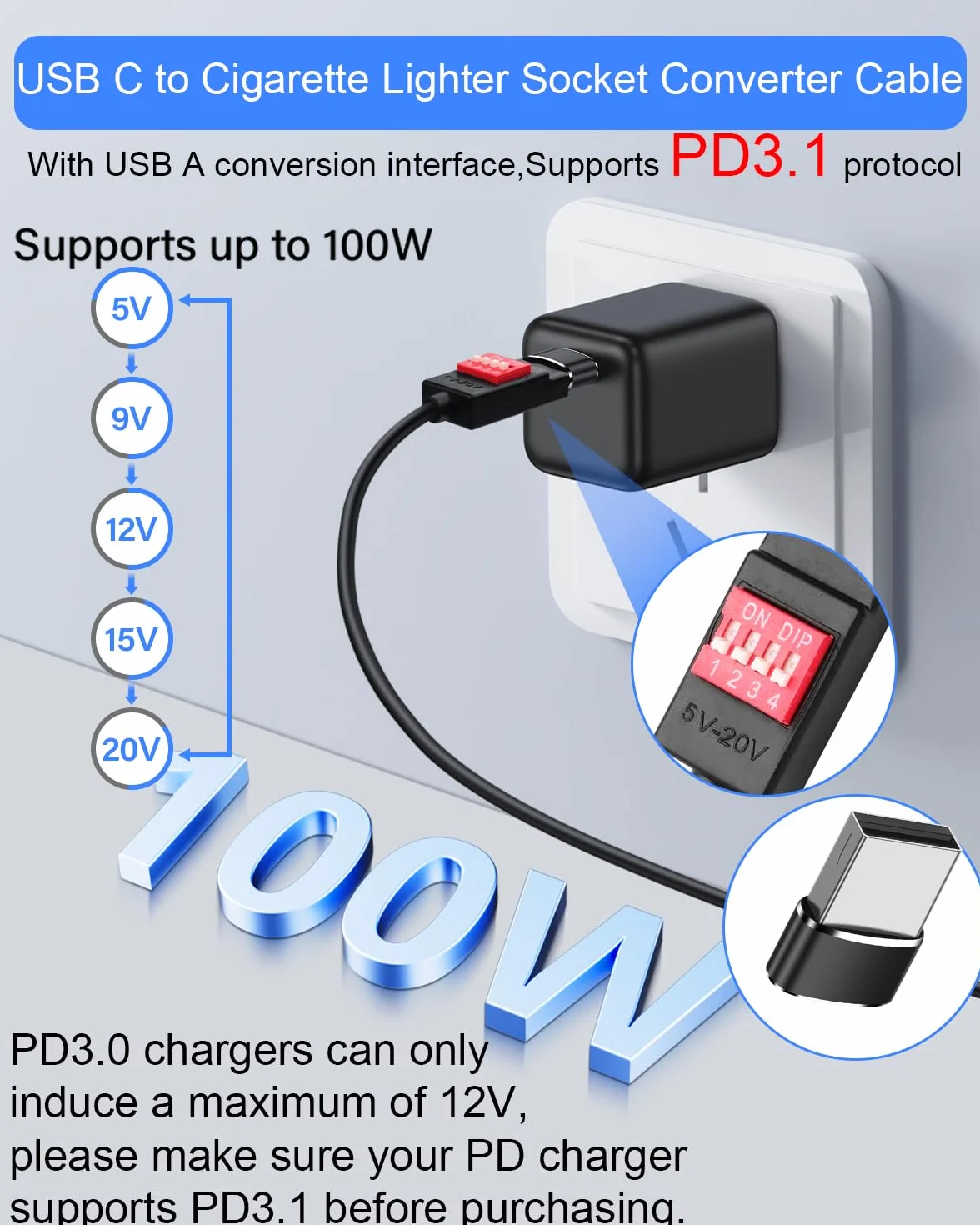 Adattatore USB C a accendisigari auto, 100 W, con adattatore USB A, interruttore DIP regolabile da 5 V/9 V/12 V/15 V/20 V, per dash cam, GPS, ecc