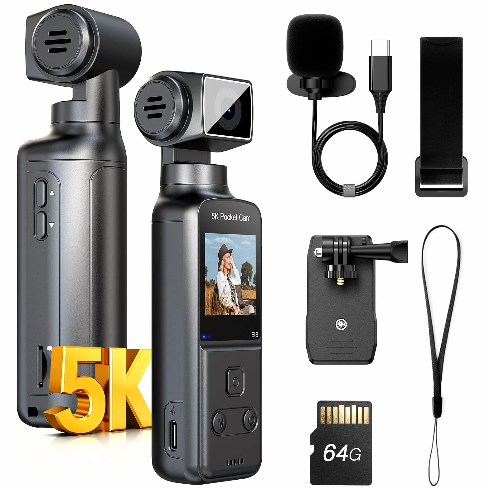 BOBLOV Fotocamera 5K Body con microfono, fotocamera W5 Vlogging, 5K/15FPS e 4K/60FPS con obiettivo rotante a 270°, supporto microfono esterno, opzioni clip/cinghia, stabilizzazione EIS per riunioni e
