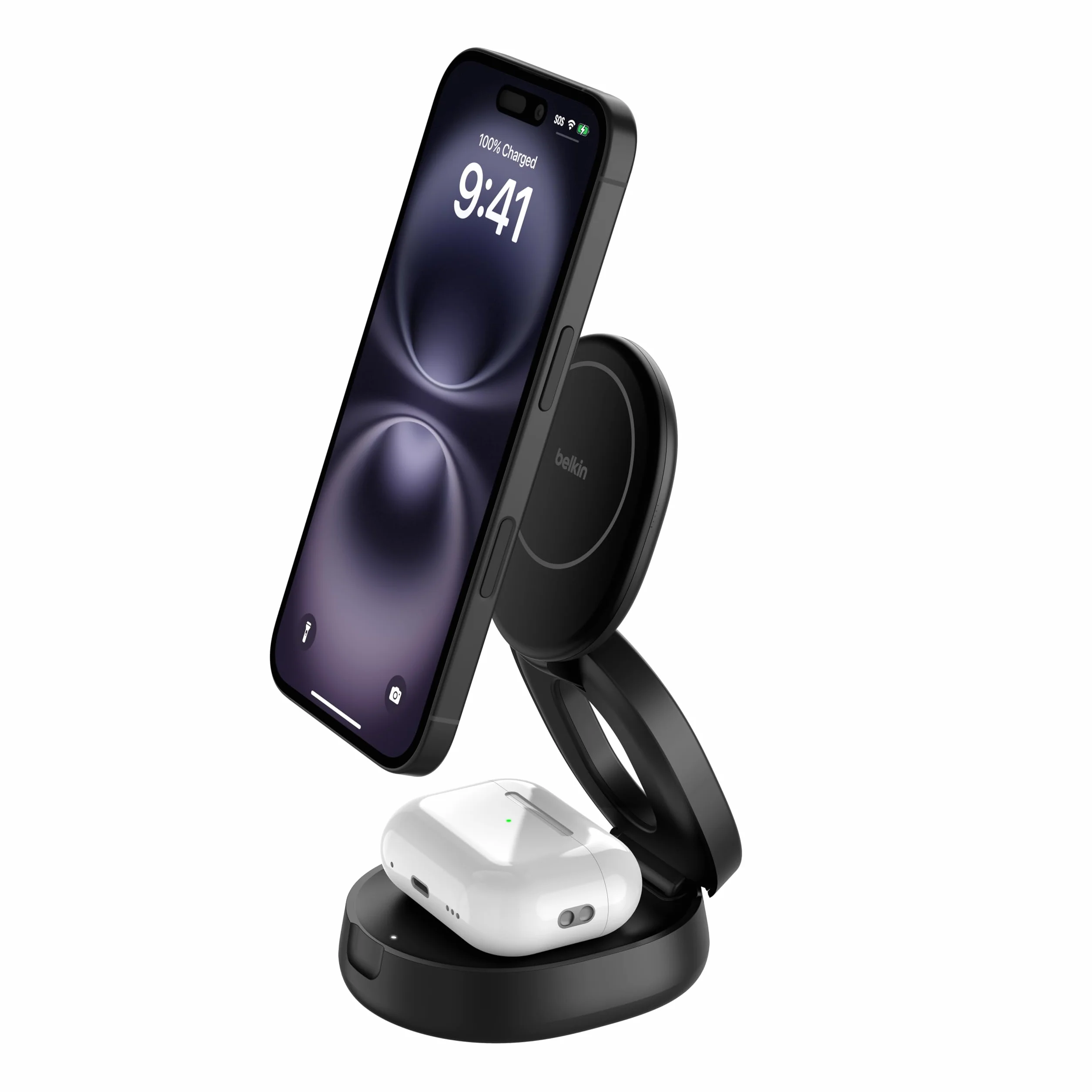 Belkin 2 in 1 Caricatore Wireless, Stazione di Ricarica Wireless 15 W, Caricatore Qi2 con MagSafe per iPhone 16 e AirPods, base piena antiscivolo, alimentatore da 30W - Nero