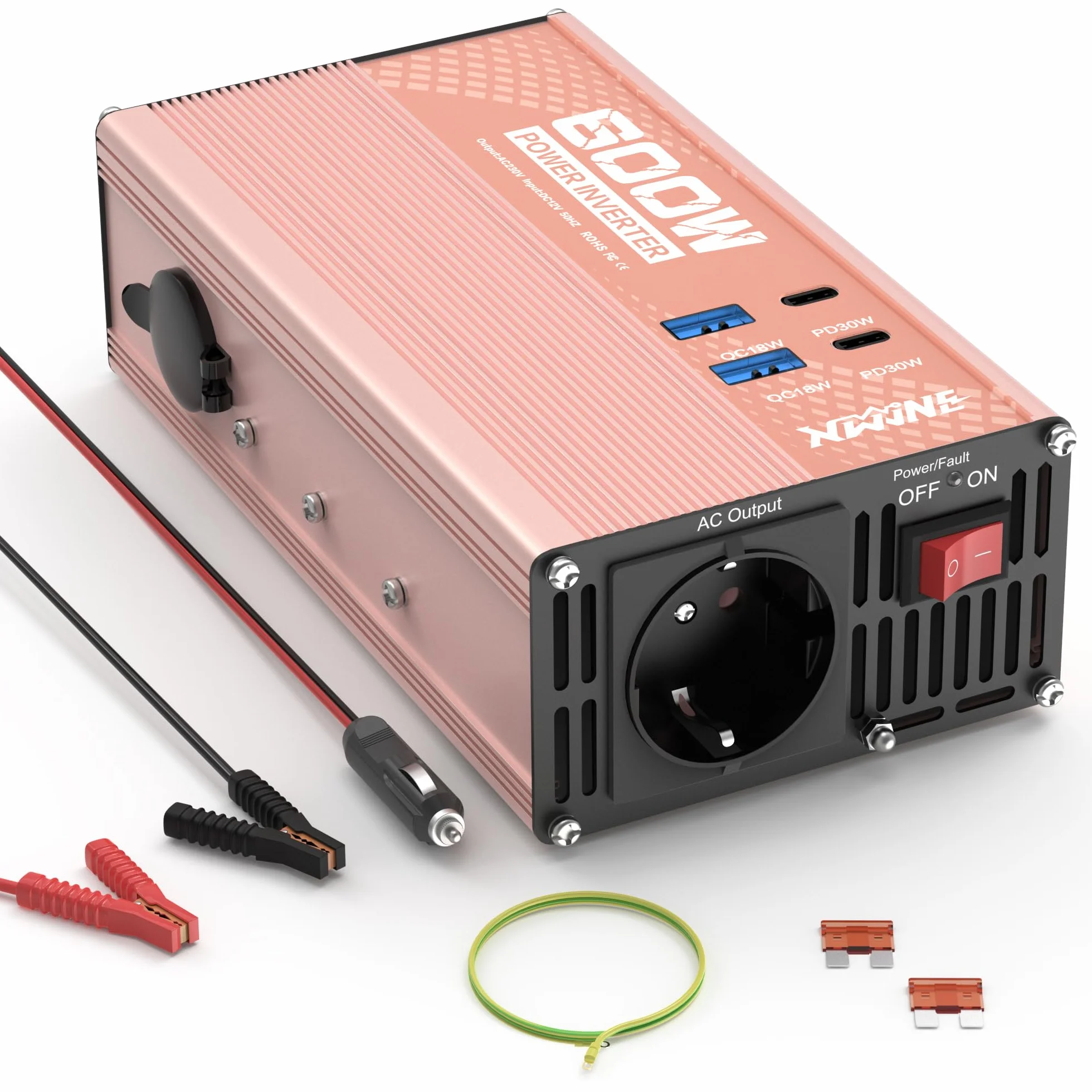 XWJNE 600W Inverter 12V 220V, Invertitore di Tensione con 1 Presa AC EU, 2 USB-A, 2 USB-C, Convertitore Onda Modificata Include Cavo Accendisigari e Pinze a Coccodrillo, per Auto, Camper, Viaggi
