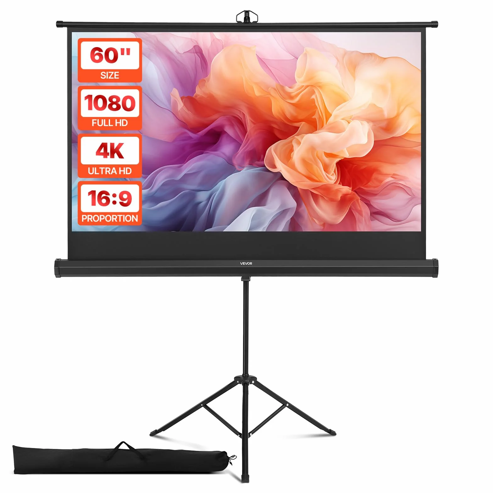 VEVOR Schermo per Proiettore con Supporto, Schermo per Videoproiettore per Interni ed Esterni, 16:9 4K HD Antirughe, Portatile, con Treppiede e Borsa per Trasporto, per Film, Presentazioni in Ufficio