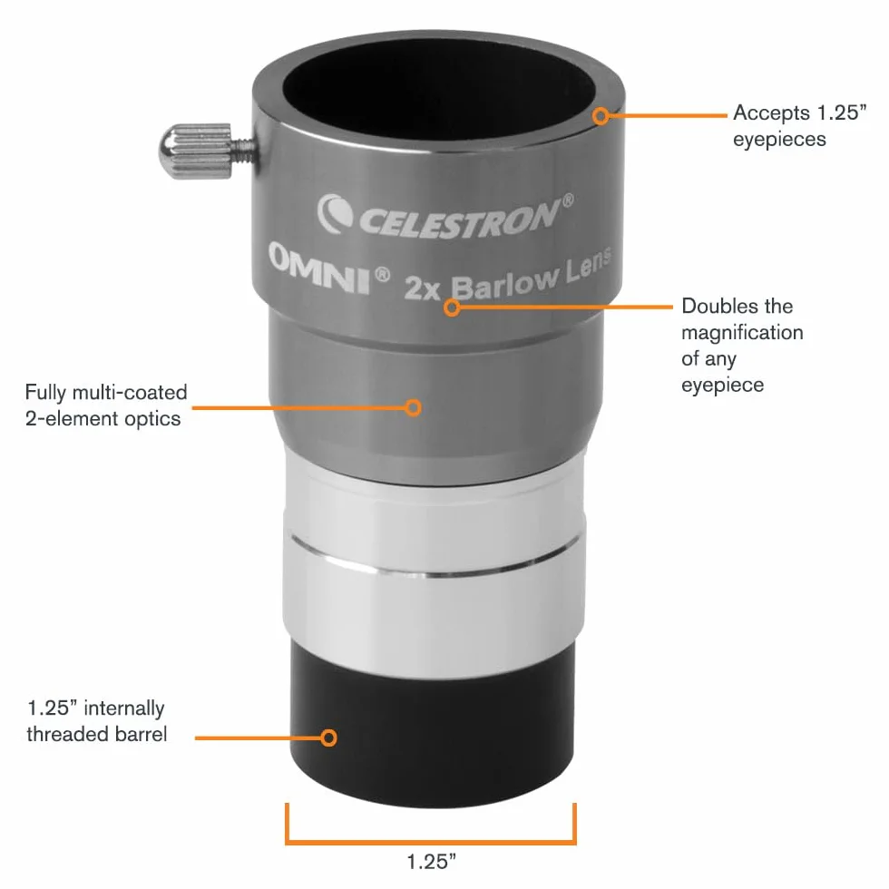 Celestron 93326 Omni Lente di Barlow, Argento, 2 x 1,25’’