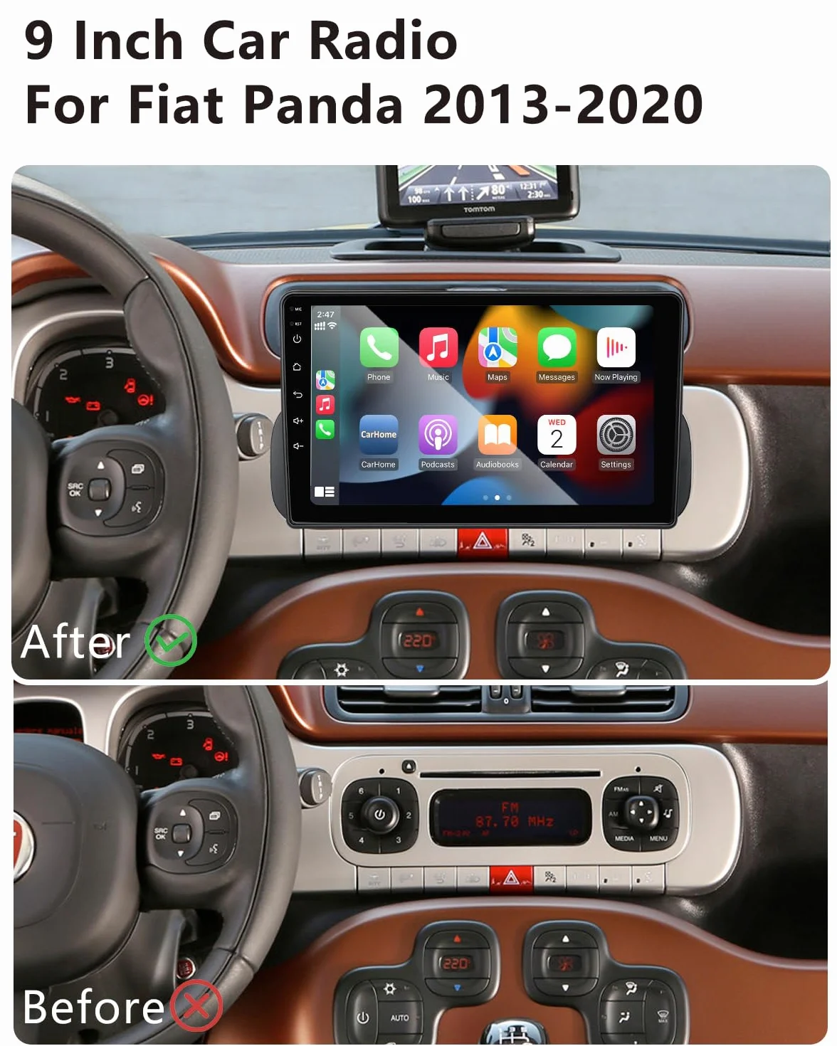Autoradio 9 Pollici per Fiat Panda 319 (2013-2020) con Android Auto e CarPlay Wireless, RDS Car Radio Bluetooth Android Stereo con Telecamera Retromarcia/Mic/CANbus/WiFi/App Store 2G+32G