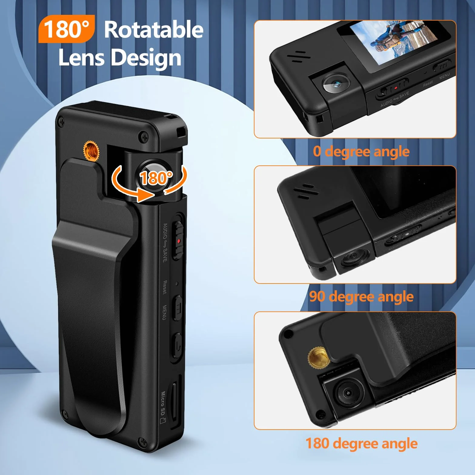 A32 64GB Telecamera Portatile, 1080P, Obiettivo Ruotabile 180°, con Rilevamento Movimento e Registrazione Audio, per Polizia e Ciclismo