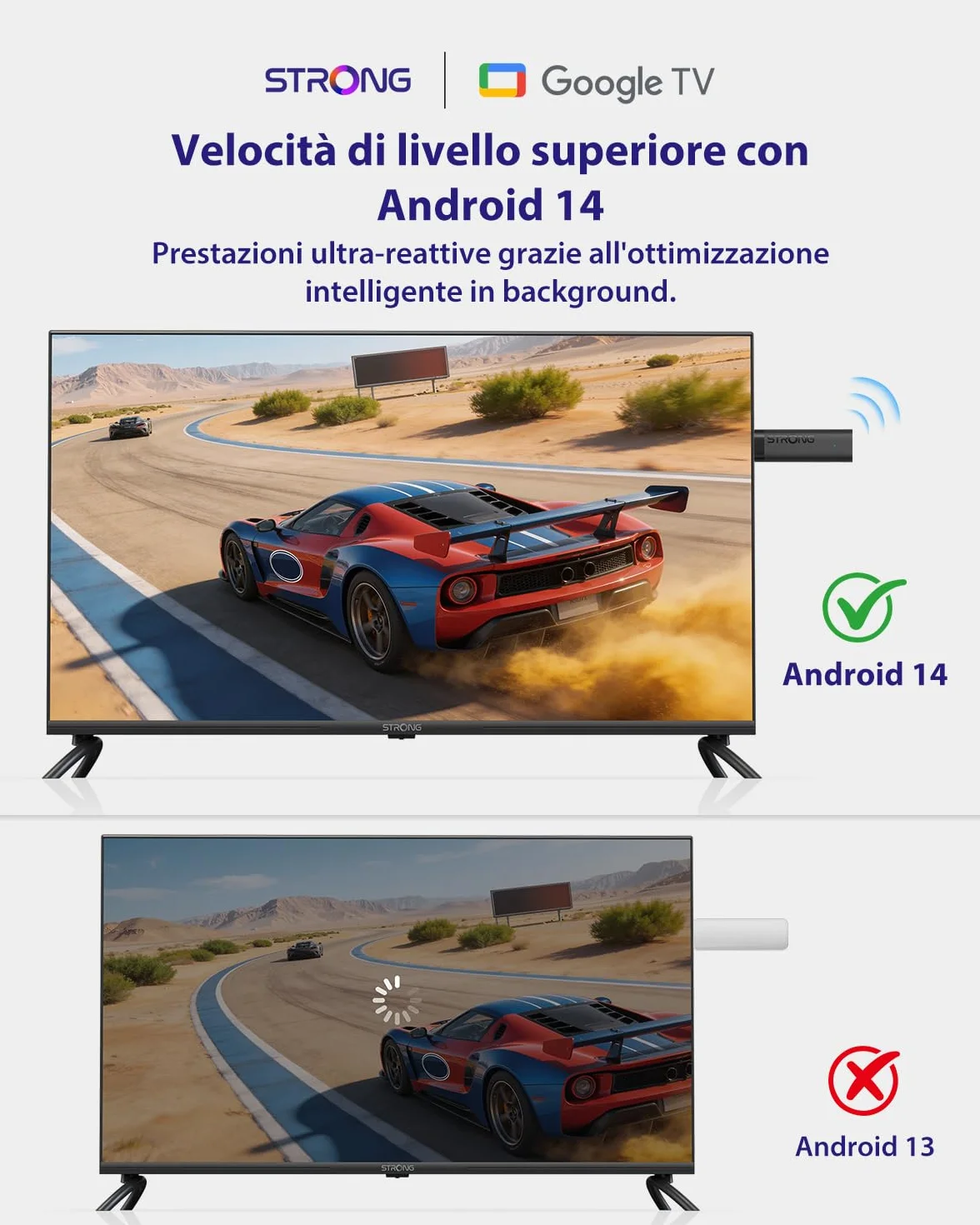 STRONG LEAP-NOVA-X TV Stick 4K UHD, Android 14, 32GB Memoria, Dolby Vision/Audio, Wi-Fi 6, HDR10+, Controllo Vocale, Chromecast Integrato, Streaming Oltre 5000 App