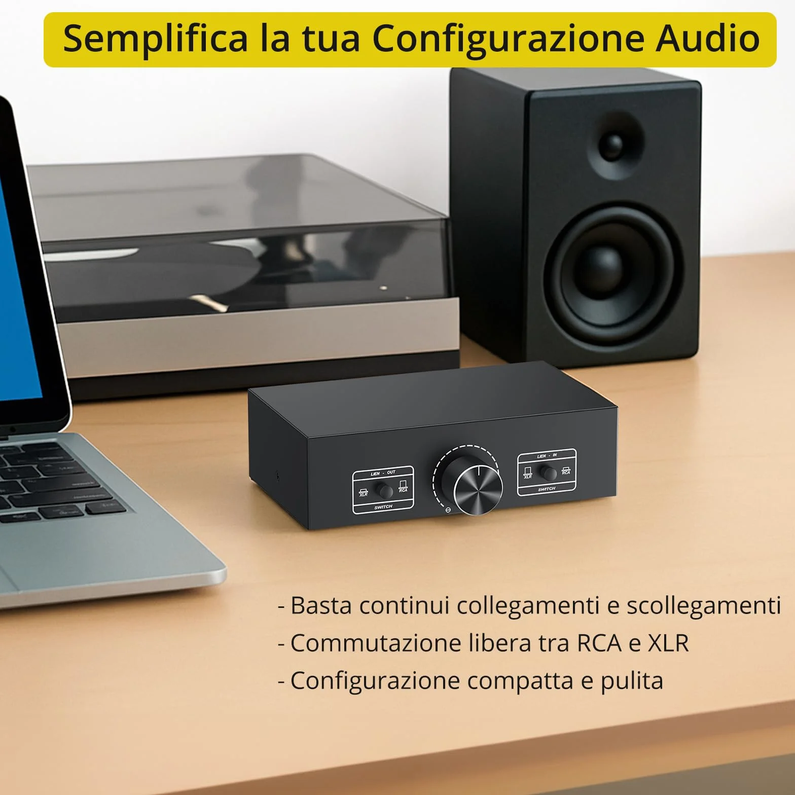 PROZOR Commutatore Audio 2-IN-2-OUT, Switch Selettore e Convertitore XLR a RCA Bidirezionale con Controllo del Volume Passivo Preamplificatore per Altoparlanti da Studio, Home Cinema, DJ