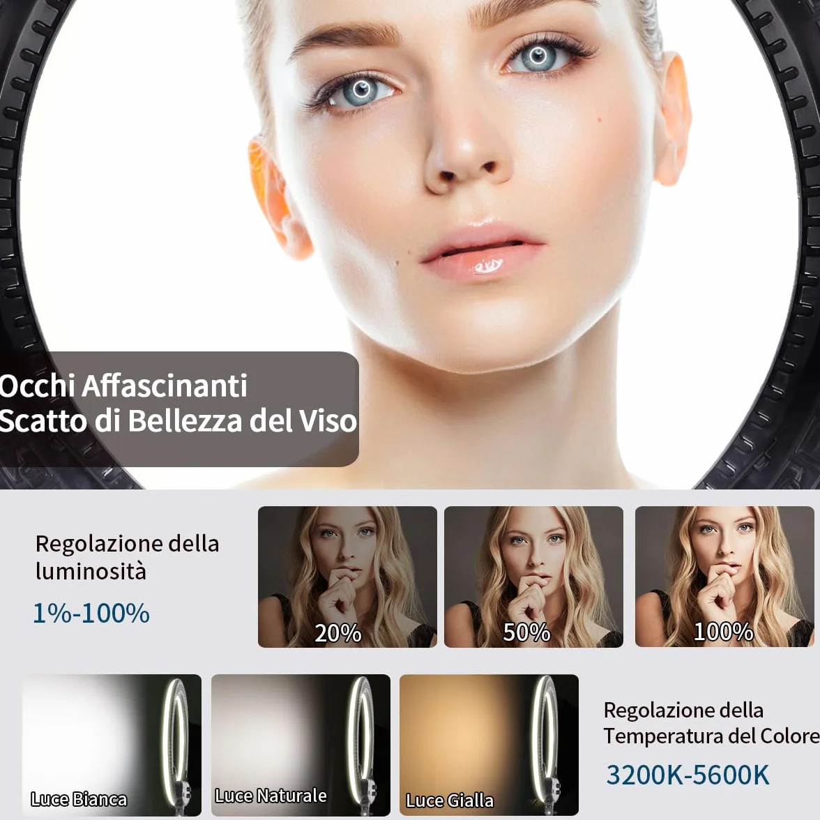 19" LED Luce Anulare Kit con Stativo, Specchio e Supporto per Telefono per La Fotografia in Studio, Ritratto, Selfies, Live Streaming, Registrazione Video, Riempimento Trucco di Bellezza