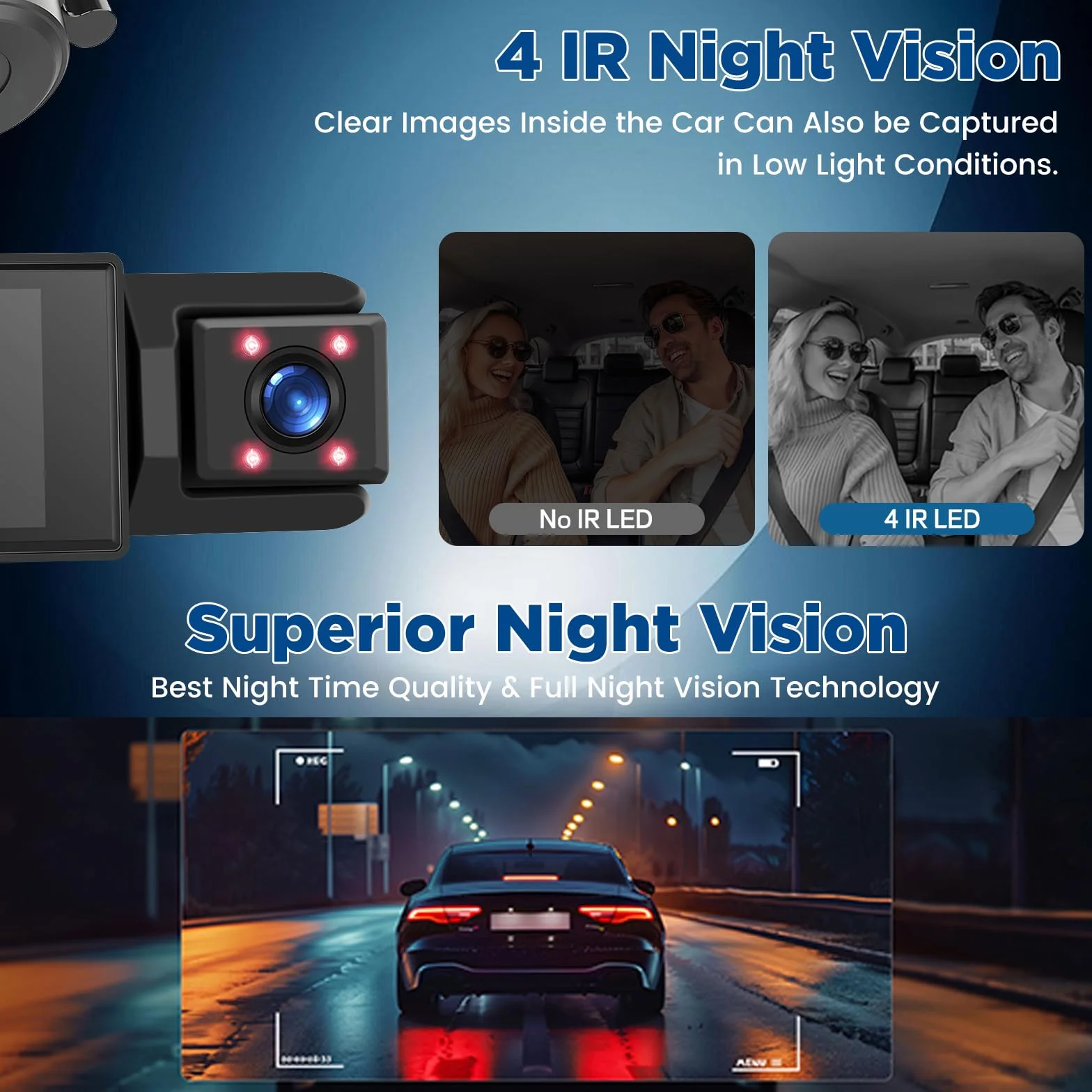 Dash Cam Auto Senza Fili WiFi – 3 Canali Fronte Interno Retro, Full HD 1080P, 2” IPS, Visione Notturna, Rilevamento Movimento, Loop, Obiettivo Rotabile