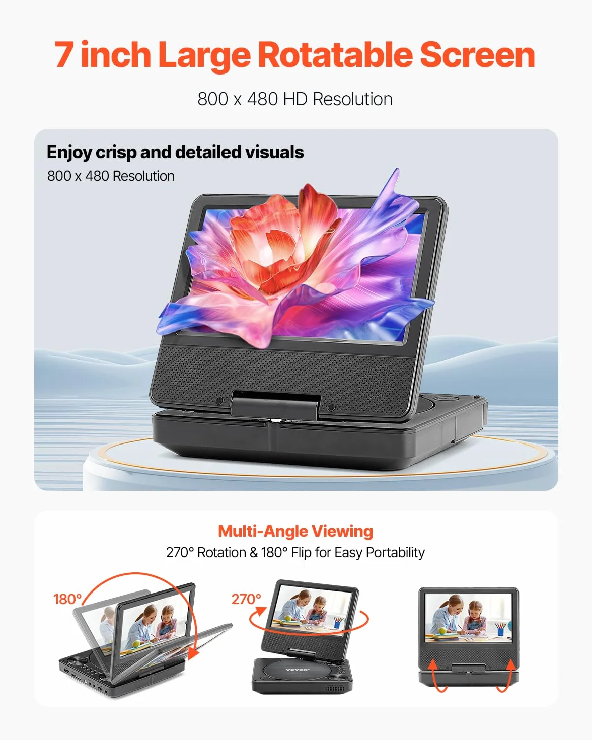 VEVOR Lettore DVD Portatile, Schermo HD Girevole da 7 pollici, Batteria Ricaricabile Integrata con Durata di 4 Ore, Altoparlante Doppio, Supporto Sincronizzazione TV/USB/Scheda SD/CD/DVD
