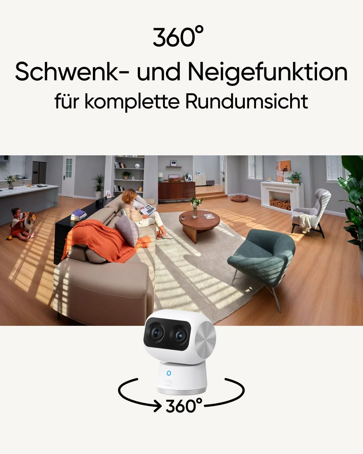 eufy Security Telecamera di sicurezza interna CAM S350, doppia risoluzione 4K UHD, zoom 8× e PTZ a 360°, ideale per baby monitor / fotocamera per animali domestici/sicurezza domestica (ricondizionato)