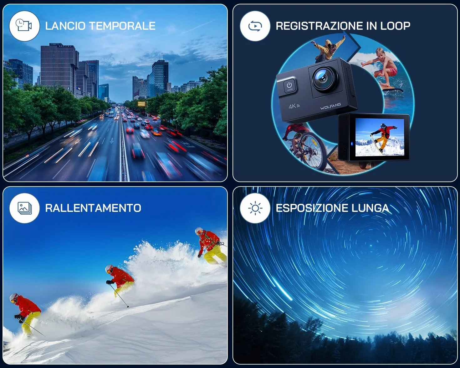 WOLFANG Action Cam GA300 4K 60FPS, 20MP WiFi EIS Action Camera con schermo tattile, 8X Zoom Fotocamera Impermeabile 40M Subacquea Videocamera, Mic Esterno, Telecomando 2x1350mAh Batterie e Accessori
