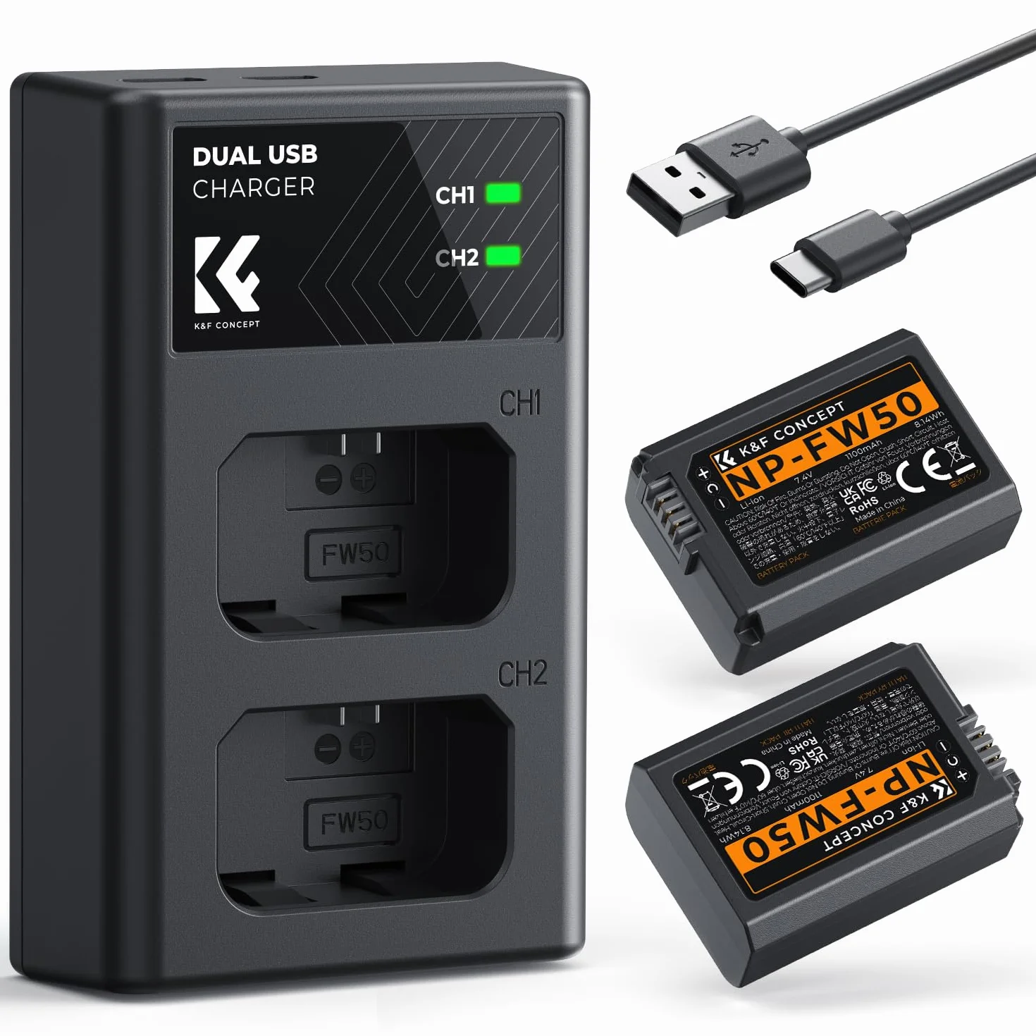K&F CONCEPT NP-FW50 Batteria Caricabatterie a Doppio Ingresso Compatibile con Sony ZV-E10 A6500 A6400 A6300 A6000 A7 A7II A7RII A7SII A7S A7R A7R2 NEX-3 NEX-5