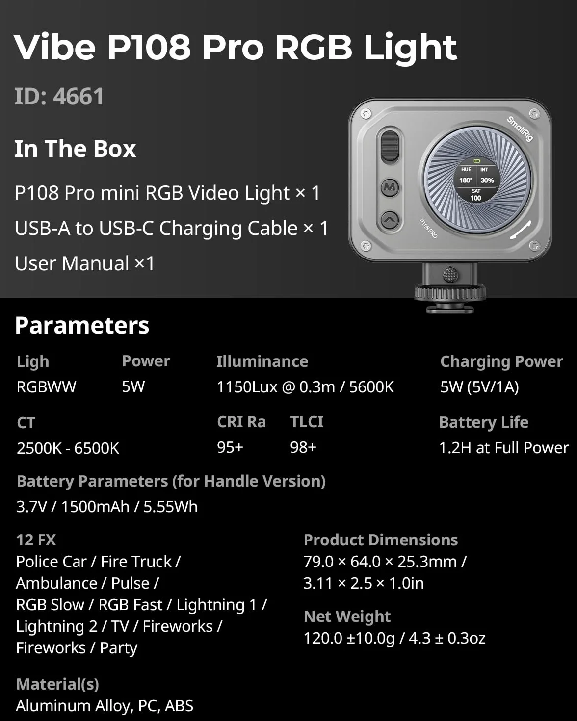SMALLRIG Vibe P108 Pro RGB Video Light, Luce Portatile a LED per la Fotografia, Luce Cold Shoe, CRI95+, 2500-6500K, 12 Effetti, Accessori per Luce di Riempimento per Creatori di Contenuti - 4661