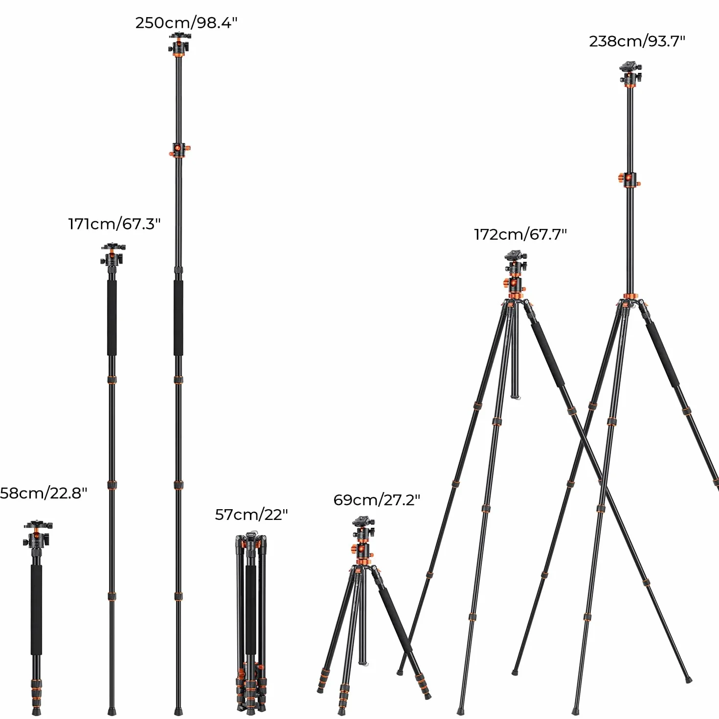 K&F Concept Treppiede Fotocamera 240cm, Treppiede in Alluminio con Colonna Centrale Orizzontale e Monopiede, Cavalletto Fotografica, Compatibile con DSLR Reflex Sony Nikon Canon, T254A8+BH-28L, 10kg