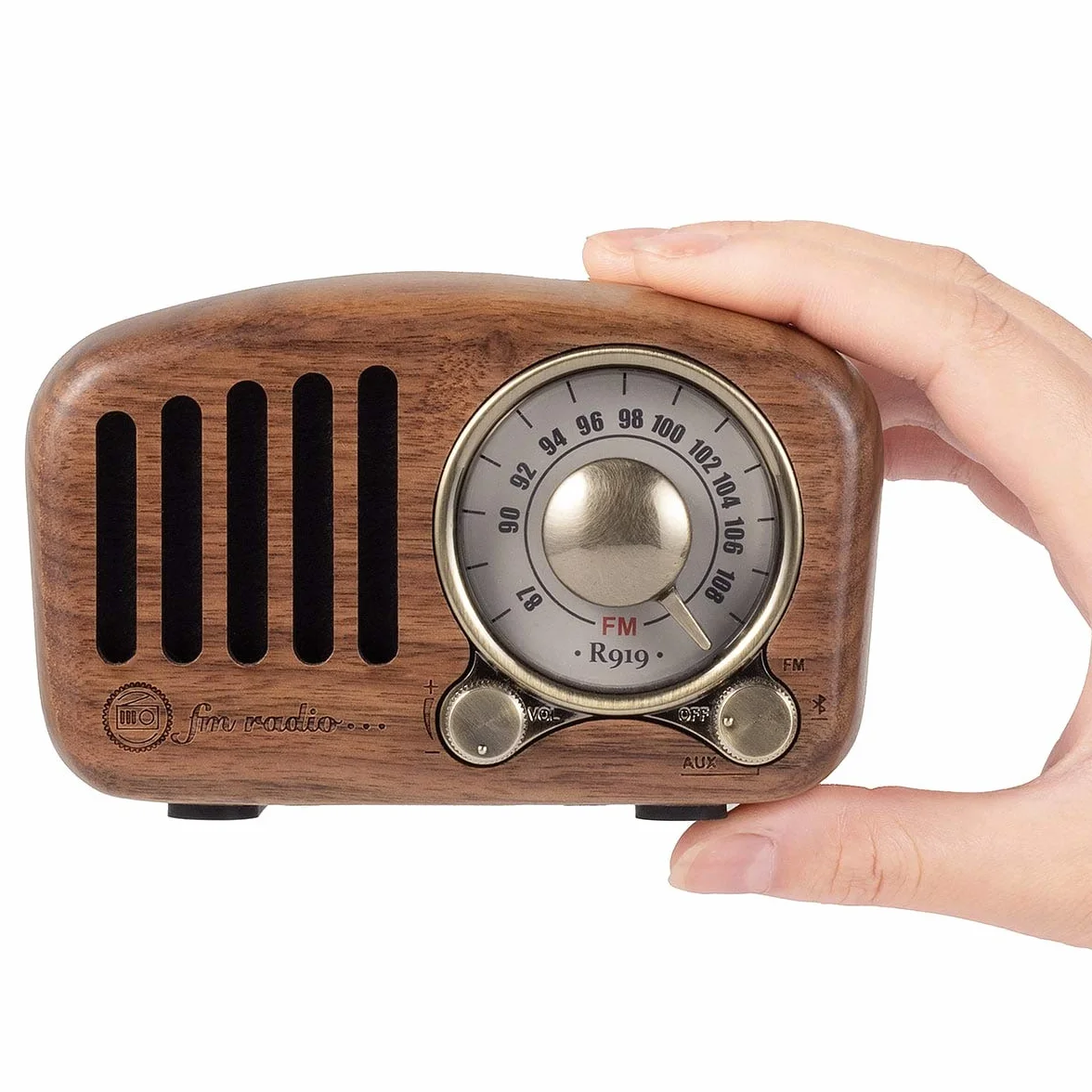 Prunus R-919 Radio Portatile FM Bluetooth Vintage Legno Ricaricabile TF Card AUX