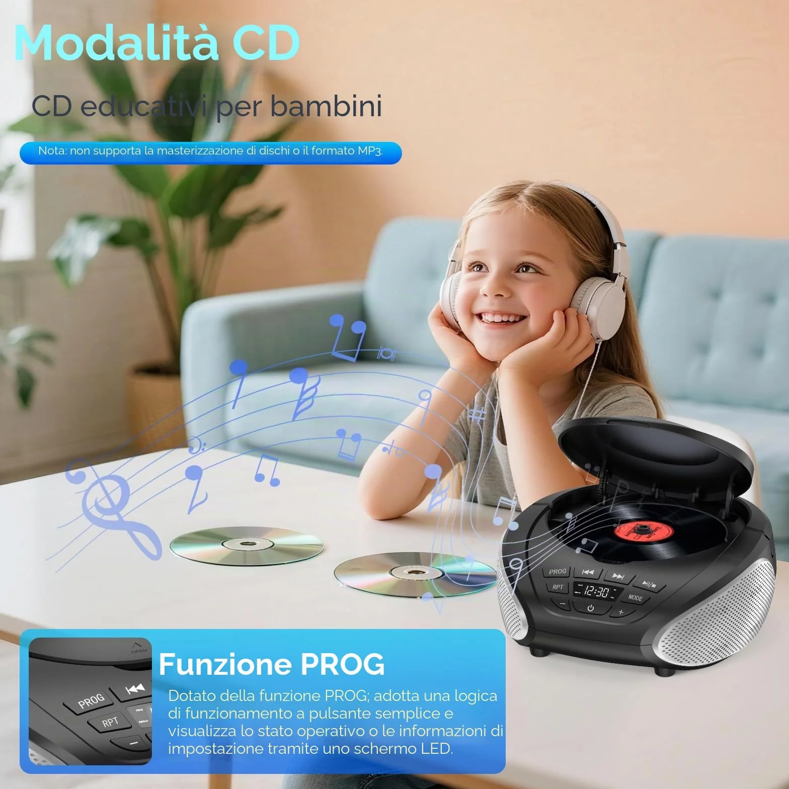 Gueray Lettore CD Portatile Boombox - Radio CD Compatto con Altoparlanti Stereo, Radio FM, Ingresso AUX 3.5 mm, Jack per Cuffie e Display LCD per Interni, Esterni, Viaggi & Audiolibri (Nero + Argento)