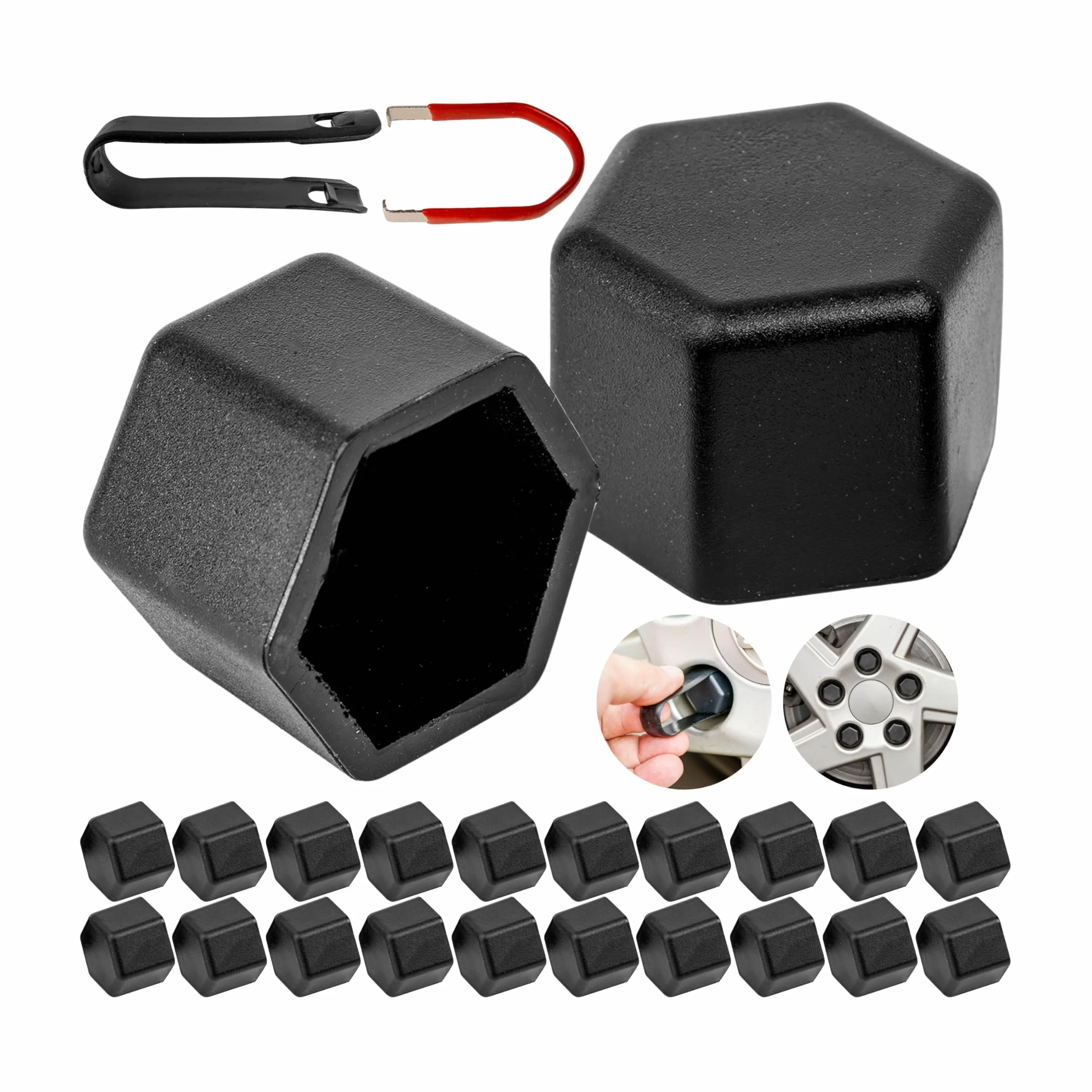 Your Day Mate Set di Tappi per bulloni e Dadi Ruota, 24 Pezzi, per bulloni e Dadi esagonali da 21 mm, Foro Ruota min. Ø 28 mm, Tappi per Dadi Ruota in Silicone Nero, 2 x utensile, copriperno Ruota