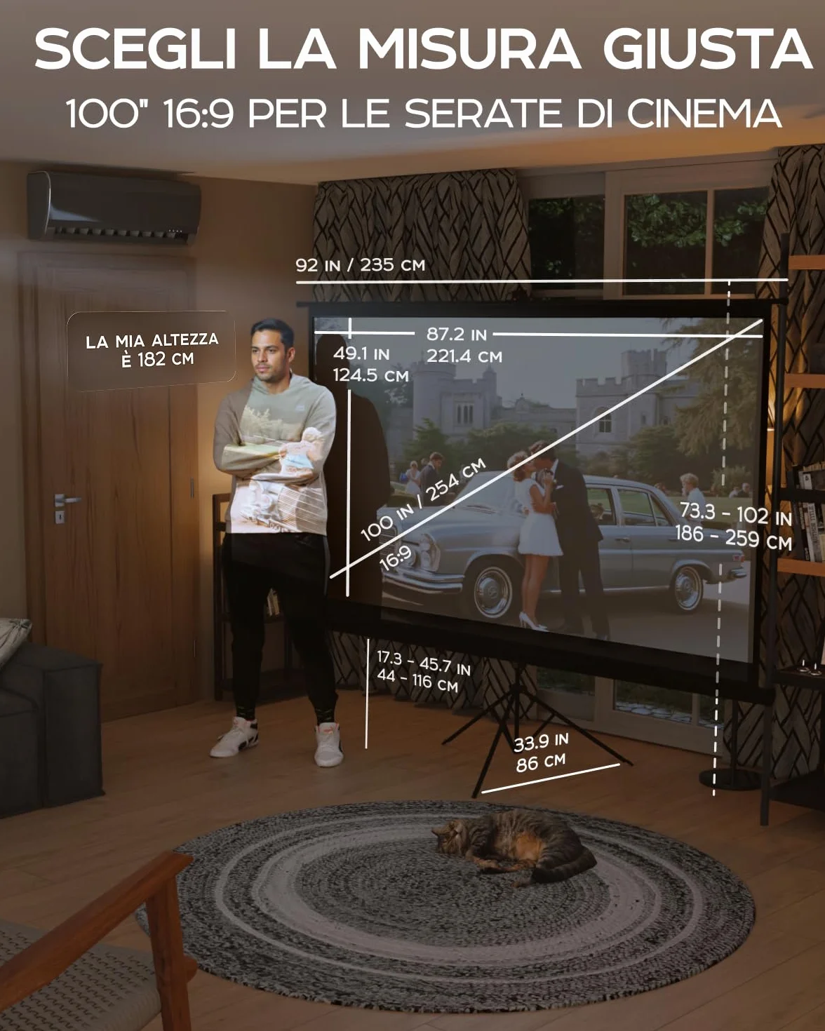 Telo Proiettore 100 Pollici - Porta il Cinema a Casa Tua con Questo Schermo per Proiettore da 16:9 Privo di Pieghe - Telo per Proiettore Portatile per Interni ed Esterni - Con Borsa e Treppiede
