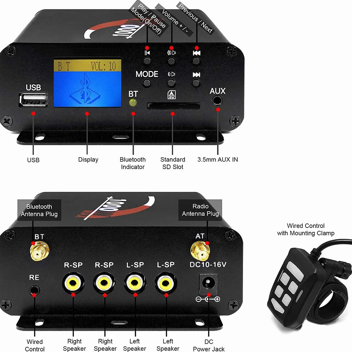 1000W Amplificatore per moto a 4 canali 4 "Altoparlanti stereo Bluetooth per moto impermeabili a gamma completa Sistema audio Radio FM per 1-1,5" Manubrio ATV UTV (Cromo, Ventola)
