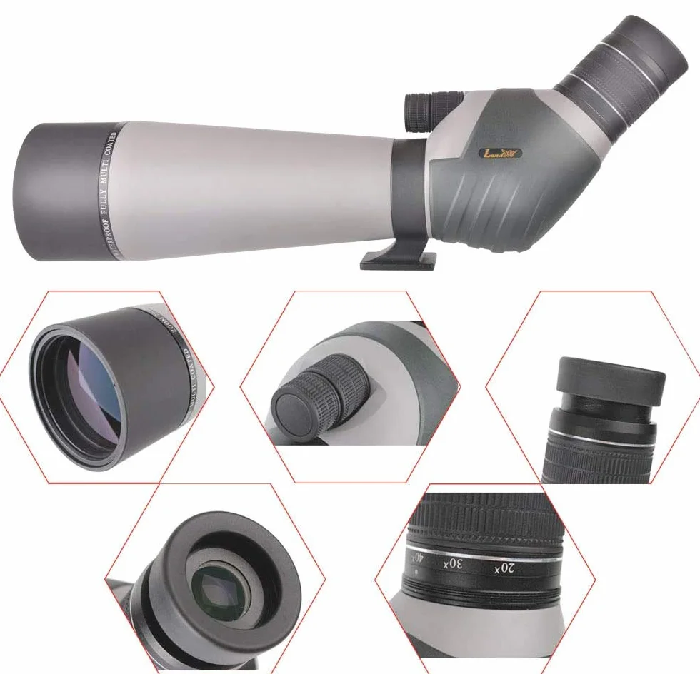 Cannocchiale HD 20-60x80, zoom a doppia messa a fuoco impermeabile BAK4 Oculare angolato a 45 gradi completamente multistrato per caccia, tiro, birdwatching, con adattatore per smartphone