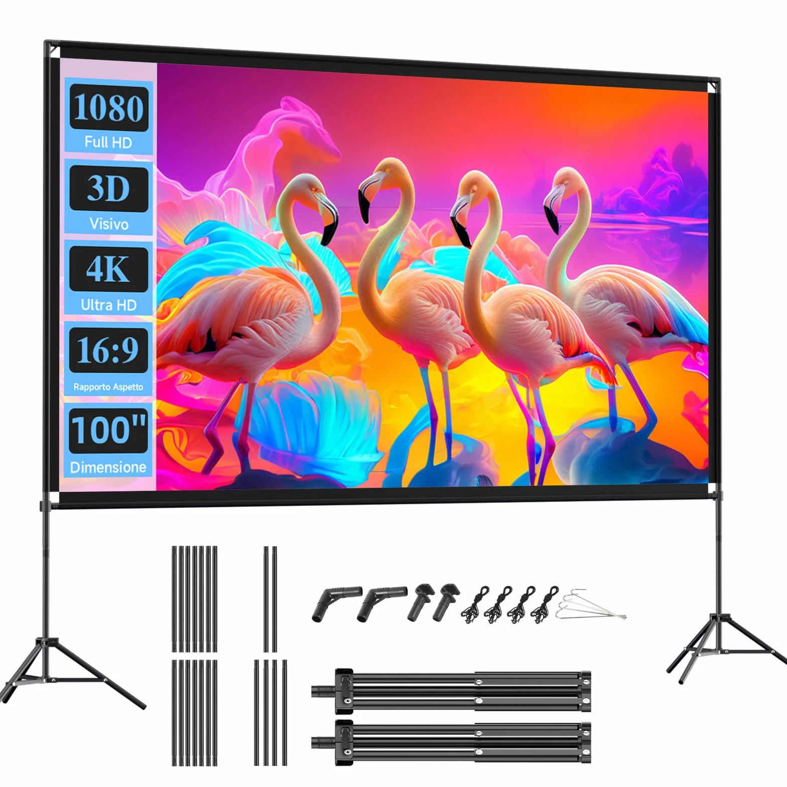 VISULAPEX Schermo Proiettore con Treppiede, 100 Pollici Telo Proiettore Portatile, 16:9, 4K HD Pieghevole per Proiettore con Borsa per il Trasporto per Interni ed Esterni, Home Cinema, Giardino