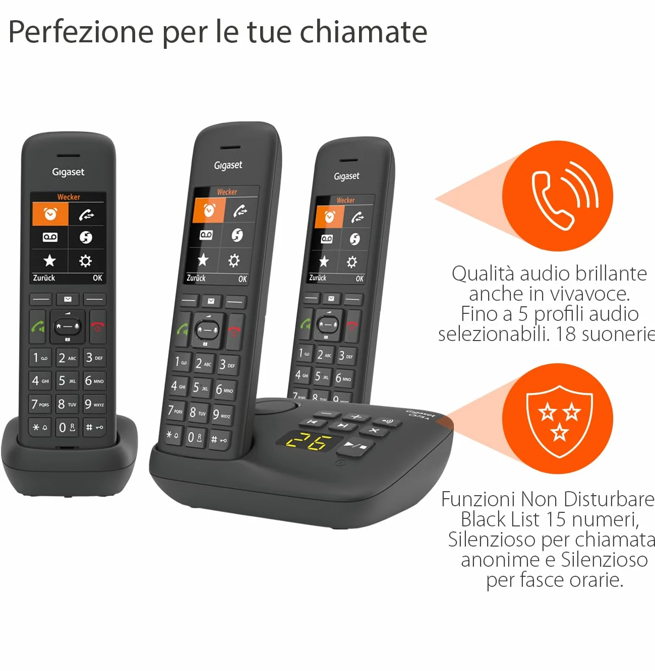 Gigaset C575A Trio - Cordless Trio con segreteria telefonica - possibilità di passare la chiamata da un portatile all'altro, Nero [Versione Italiana]