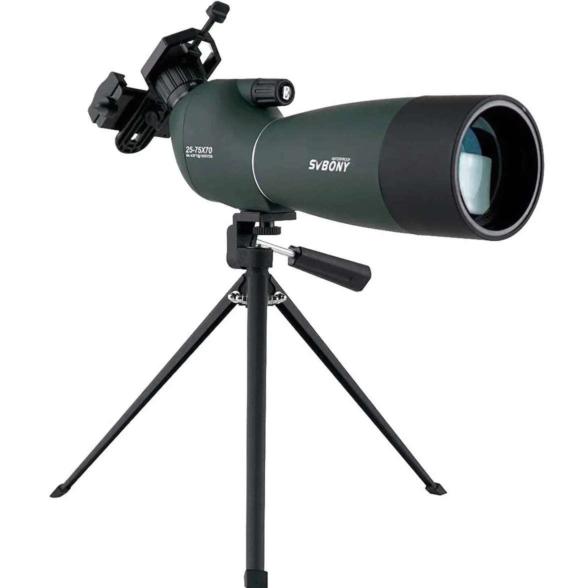 SVBONY SV28 - Cannocchiale con treppiede, caccia, 25-75 x 70, angolato, impermeabile, con adattatore per telefono, compatto, per tiro al bersaglio, uccelli, osservazione della fauna selvatica