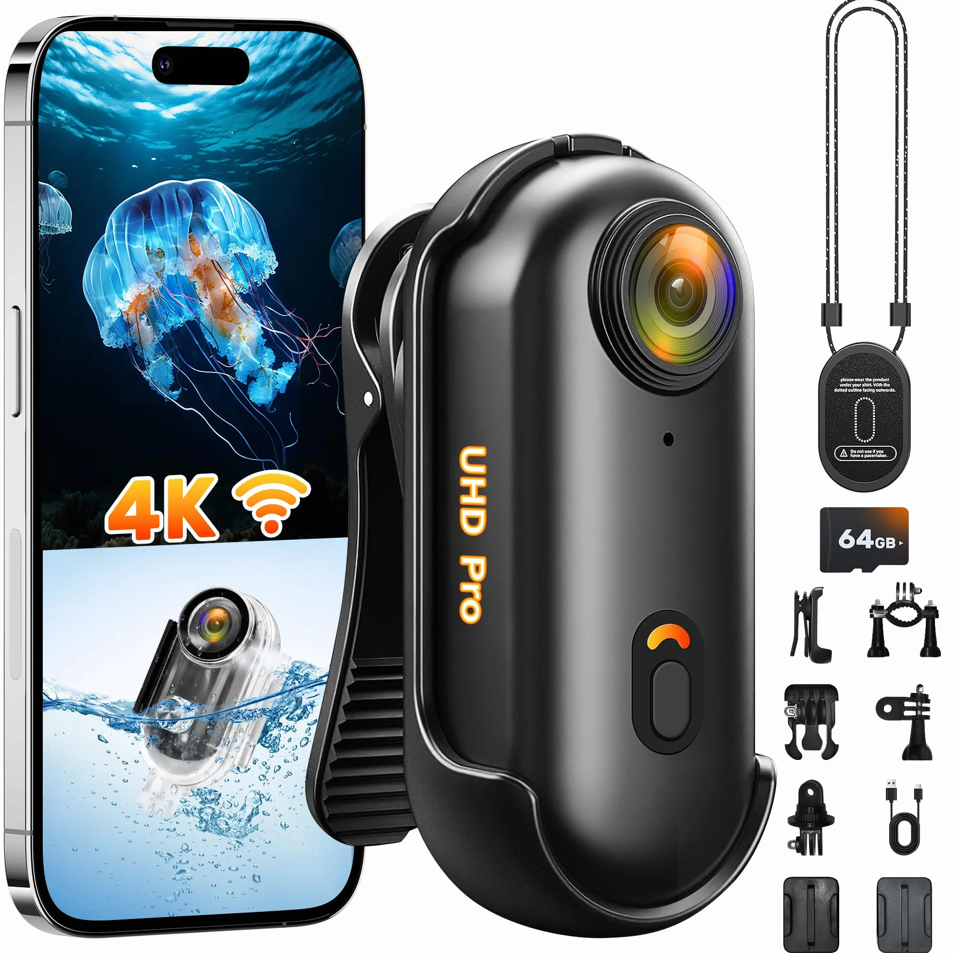 2026 nuovamente migliorata Action Cam 4K (64GB),Body Cam WiFi,Casco Cam Portatile,Fotocamera Indossabile per Casco,Videocamera da Pollice Sott'acqua 30 m,Bodycam POV per Moto Bici Sci Surf Alpinismo