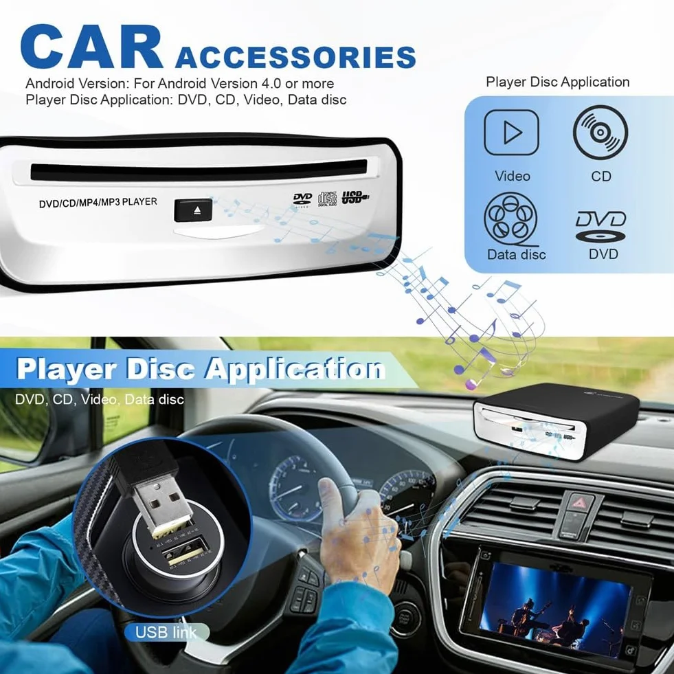 Lettore CD Esterno Universale Portatile per Auto, Può Essere Collegato Alla Presa USB in Auto, Laptop o Televisore, per Navigazione con Android 4.0 e