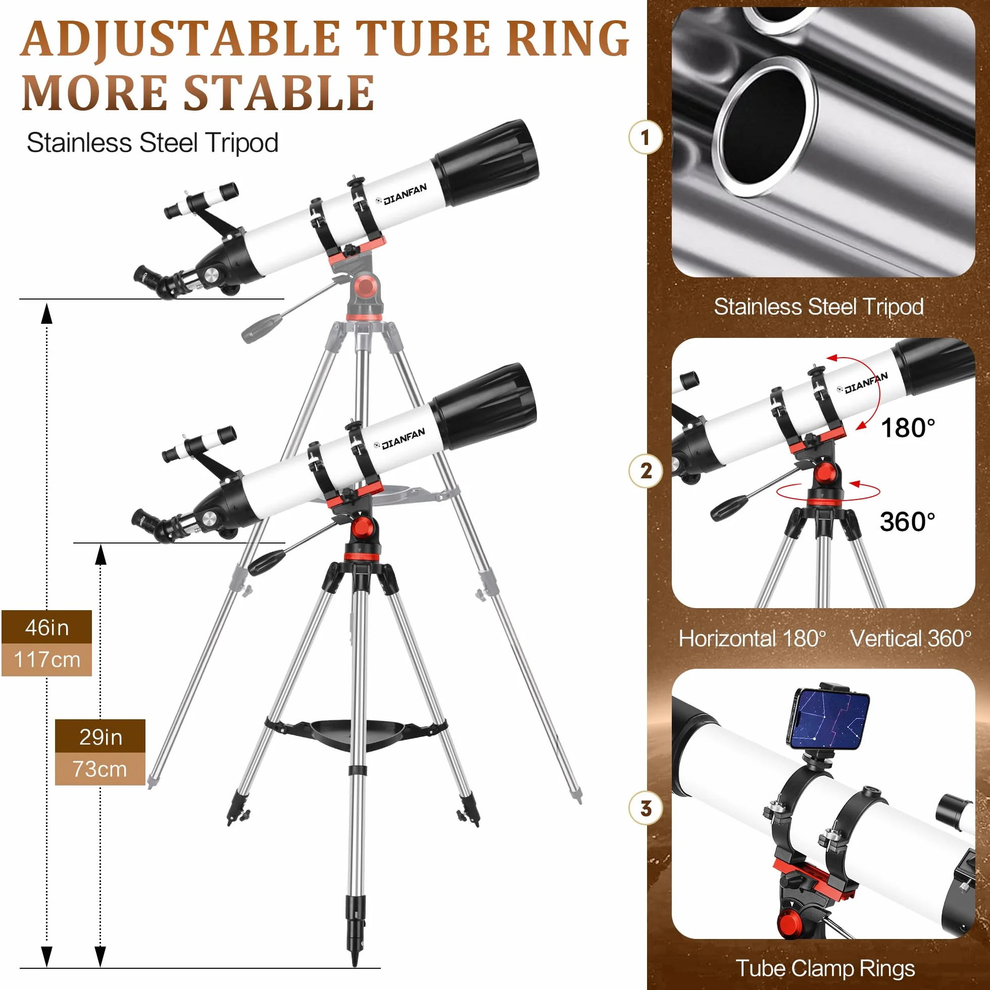 Dianfan Telescopio,90 mm 800 Telescopio Astronomico Adulti Bambini,32X-240X Telescopi Rifrattore Portatile per Principianti,con Treppiede Inossidabile e Adattatore per Telefono, Borsa