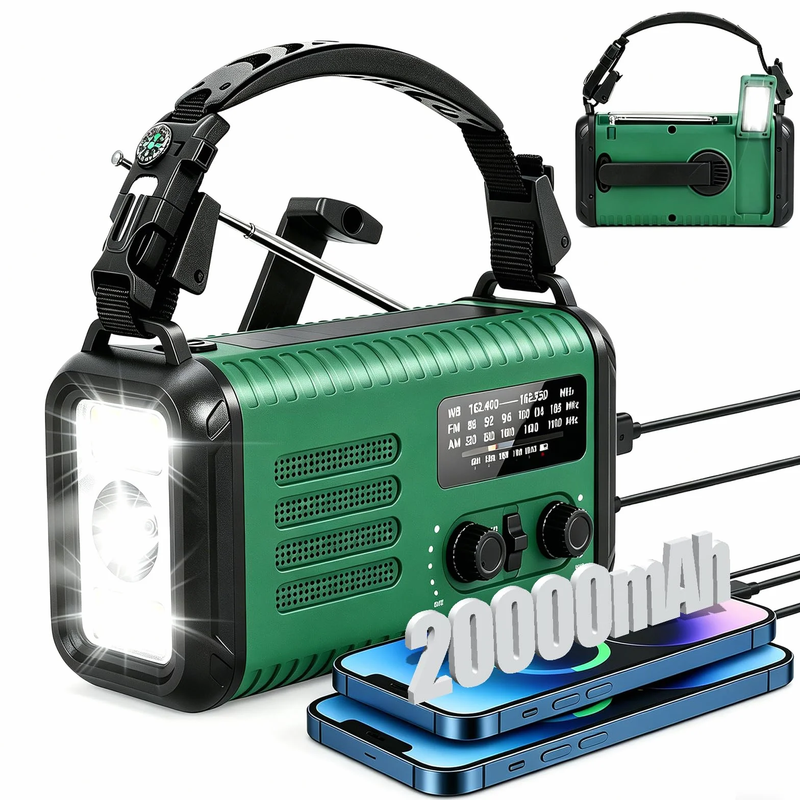 Radio di emergenza 20000 mAh AM/FM/NOAA a manovella solare con caricabatterie e torcia SOS