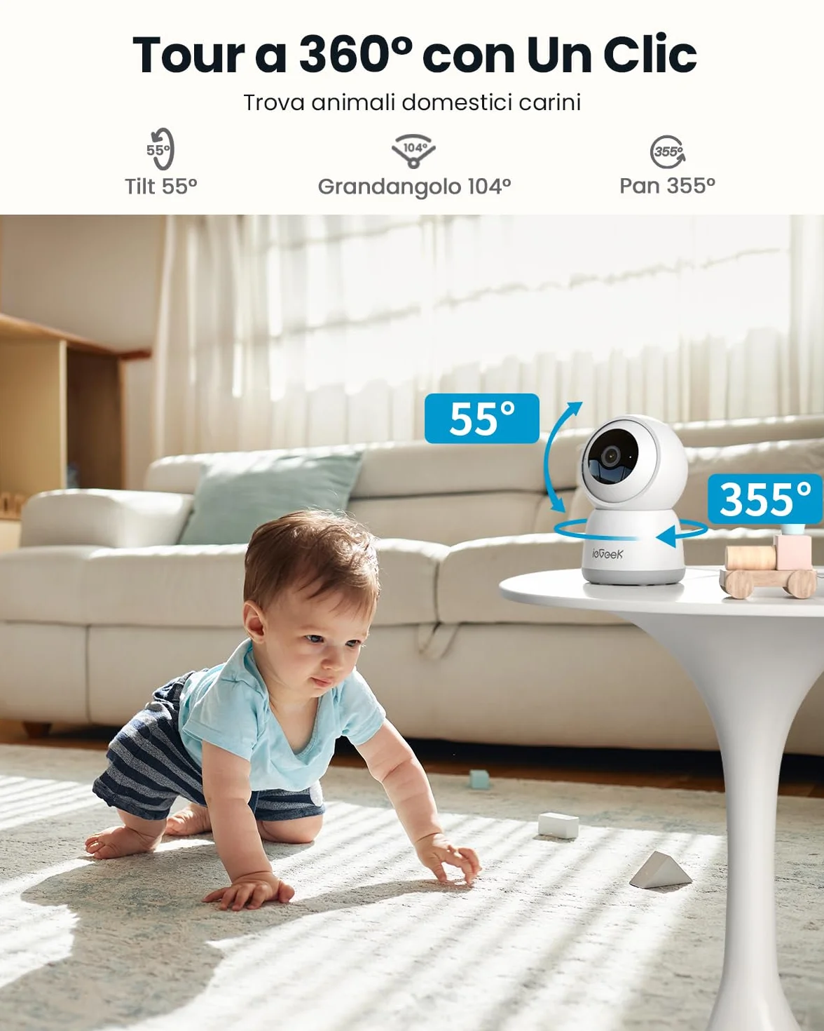 ieGeek 2K Telecamera WiFi Interno 2,4/5GHz, Videocamera Sorveglianza Interne con Tracciamento Automatico e Rotazione a 360°, Registrazione 24/7, Visione Notturna, Audio Bidirezionale, SC1, Bianco/2pcs
